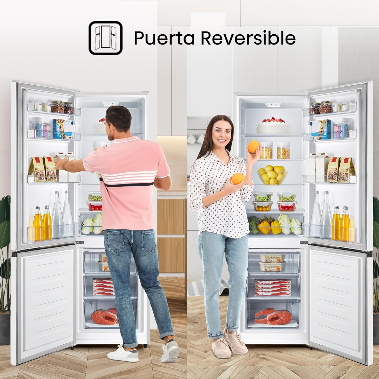 Hisense RB343D4CWE Frigoríficos Combi, 269 L, classe E, 55 cm x 180 cm, abertura de portas de 90º, porta reversível, gavetas frutas e legumes, iluminação LED, varanda de grande capacidade, branco
