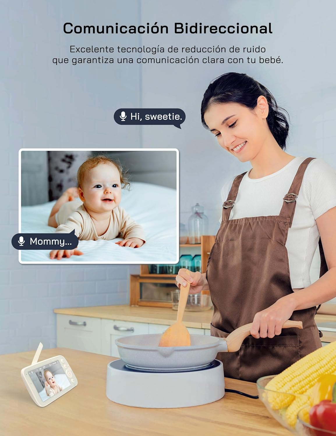 WOLFANG 1080P Camara Vigilancia Bebe con 5" 720P Pantalla, Vigilabebes con Camara con Rotación de 360° y Zoom, Sin WiFi, Visión Nocturna, Comunicación Bidirecciona, Temperatura, Detección de Llanto