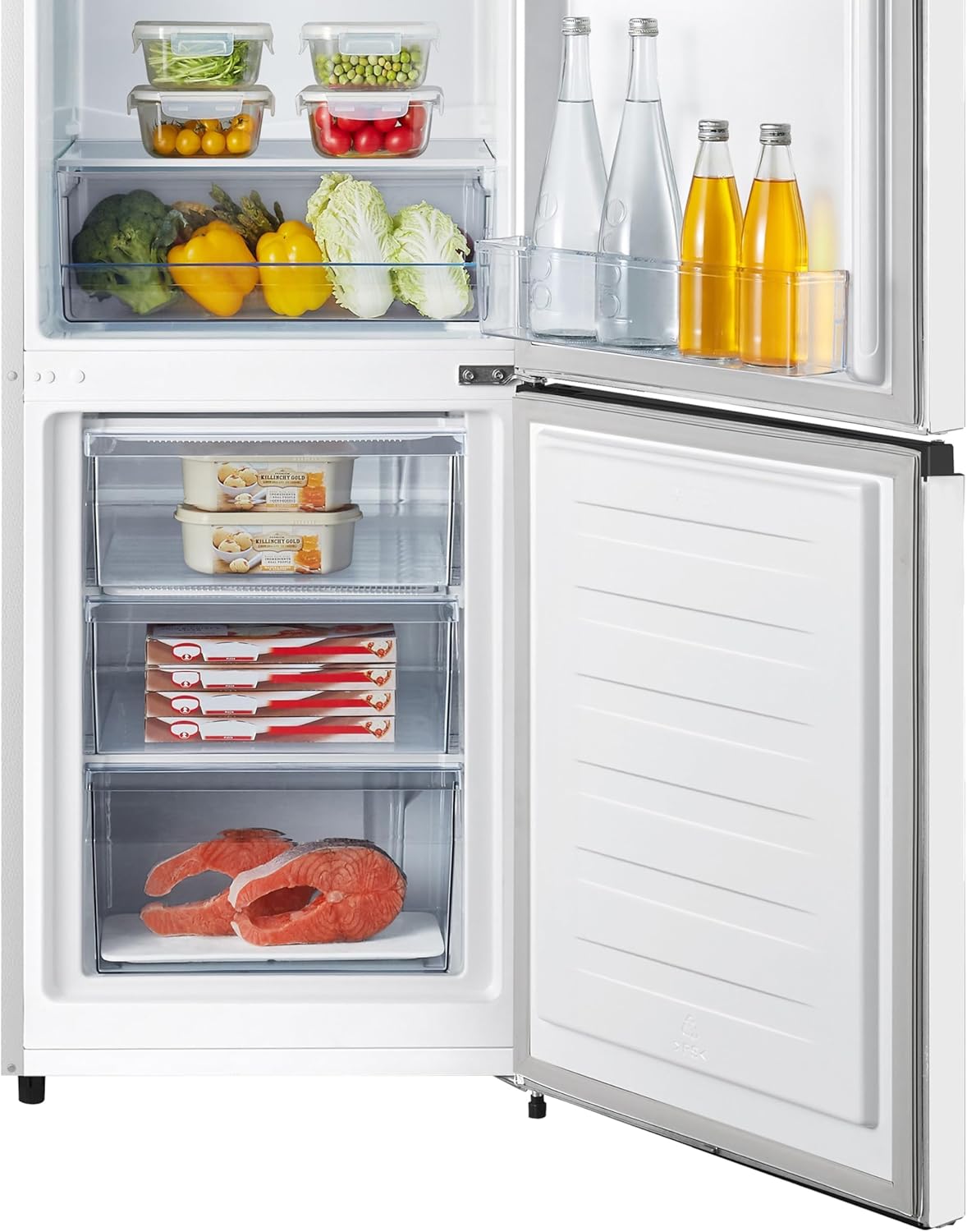 Hisense RB343D4CWE Frigoríficos Combi, 269 L, classe E, 55 cm x 180 cm, abertura de portas de 90º, porta reversível, gavetas frutas e legumes, iluminação LED, varanda de grande capacidade, branco