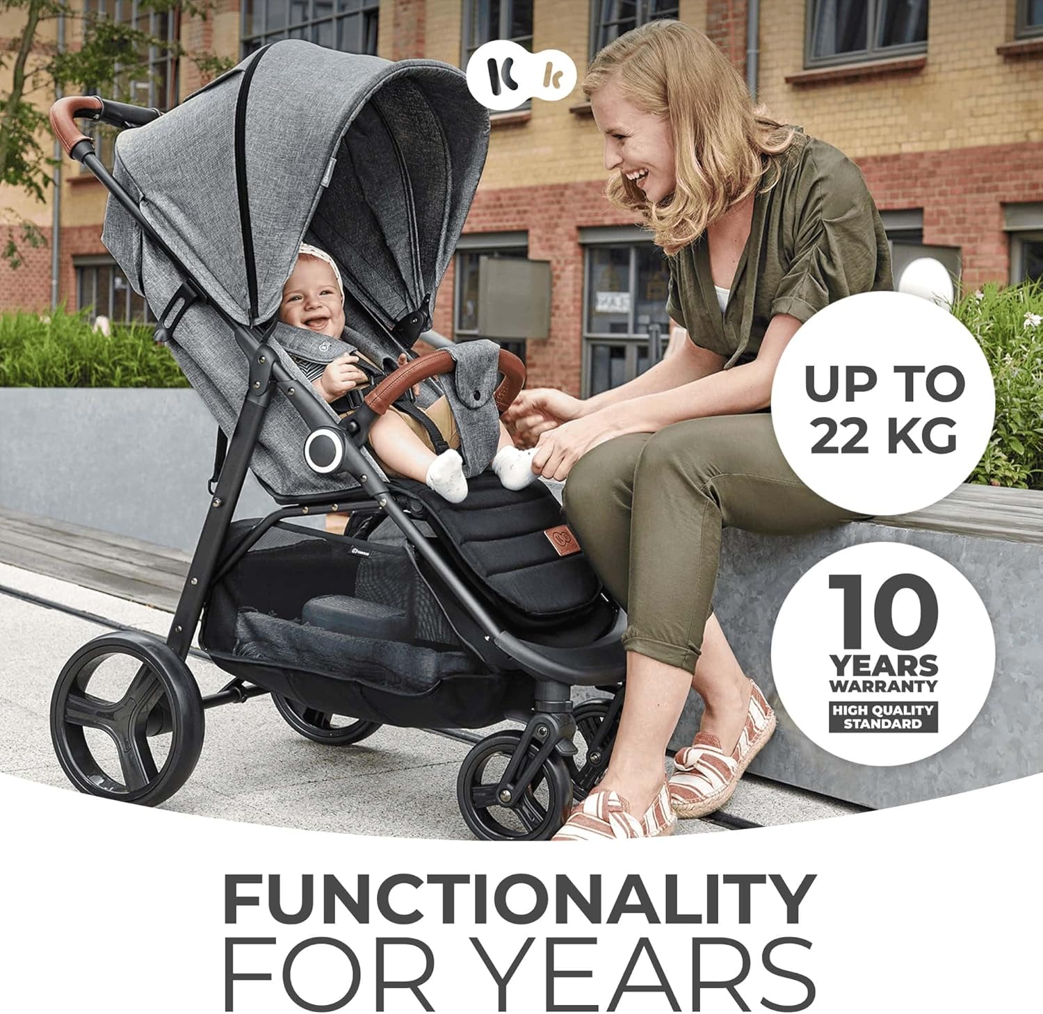 kk Kinderkraft GRANDE PLUS Silla de Paseo ligera desde Nacimiento hasta 22 kg, Plegado con una sola mano, Posición tumbada, Suspensión de todas ruedas, Capota grande XL, Negro