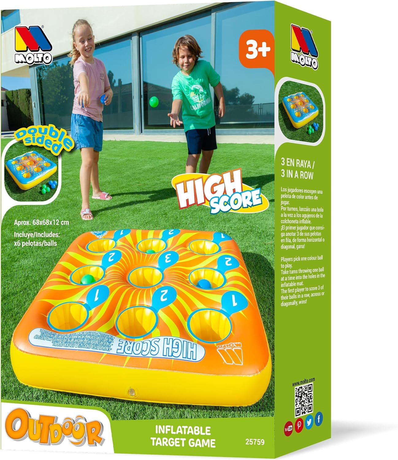 MOLTO 3 em riscas insufláveis de lançamento com 6 bolas, conjunto de exterior para crianças, jogo educativo insuflável para jardim e piscina, divertido e ativo