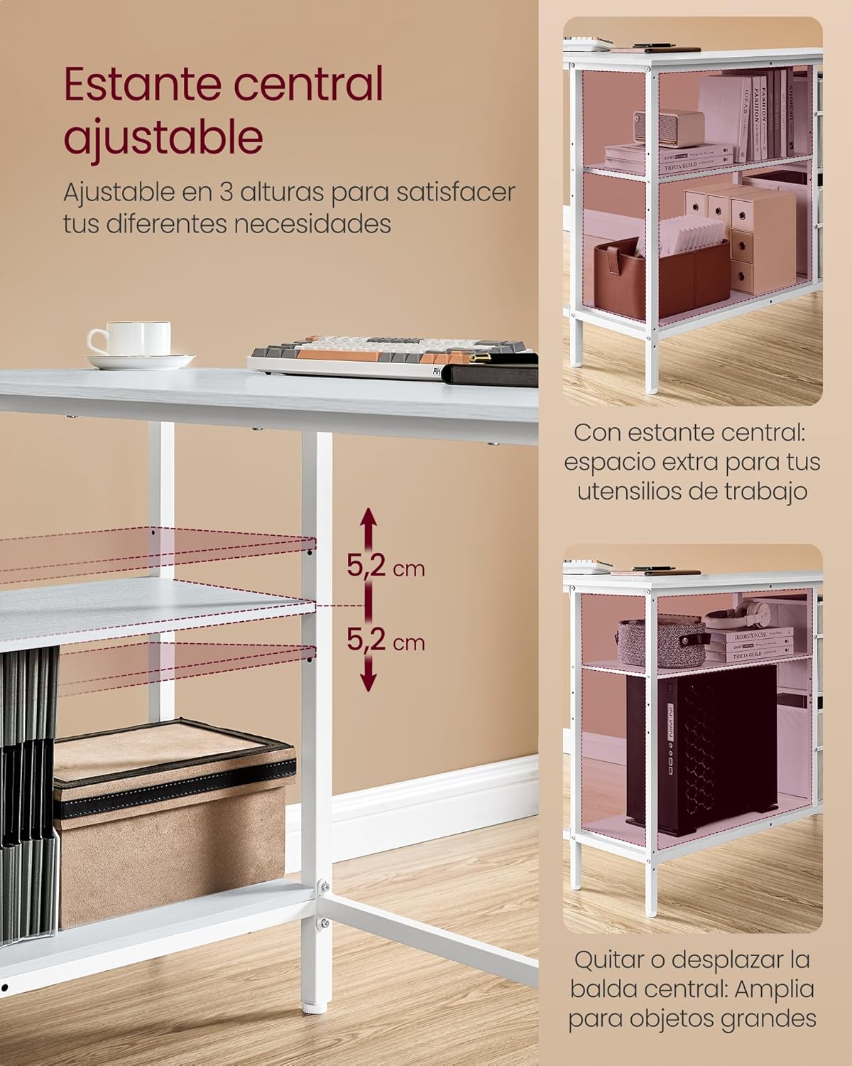 VASAGLE Escritorio en Forma de L, Esquinero, con 2 Amplios Cajones, Mesa con Soporte para Monitor, para Esquina, con Estante Ajustable, para Oficina Casa, Blanco Arce LWD097W01