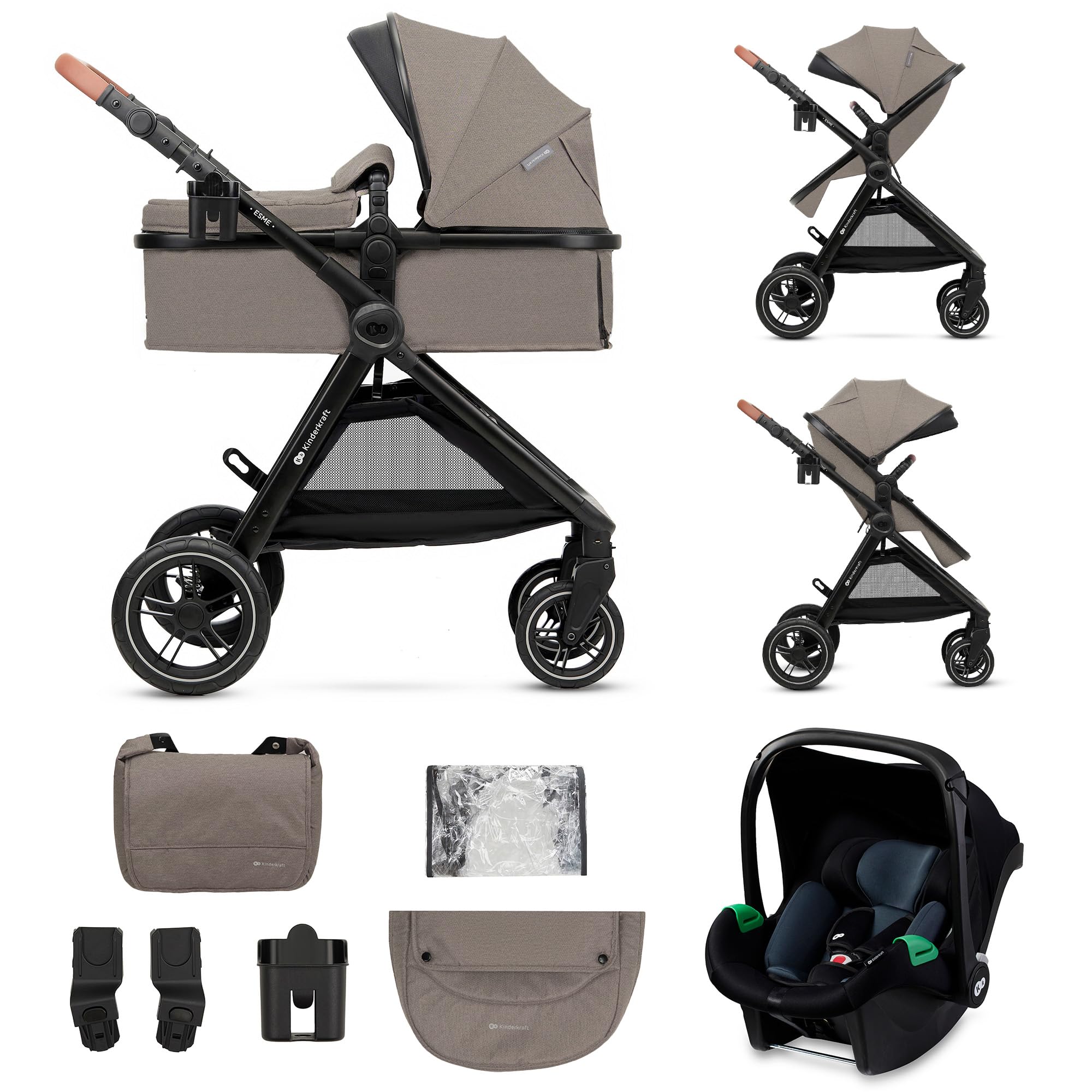 Kinderkraft ESME Cadeira de carro 3 em 1 conjunto, com porta-bebés Mink PRO I-Size, sistema de viagem, carrinho para bebé, carrinho, dobrável, para recém-nascido até 4 anos, preto