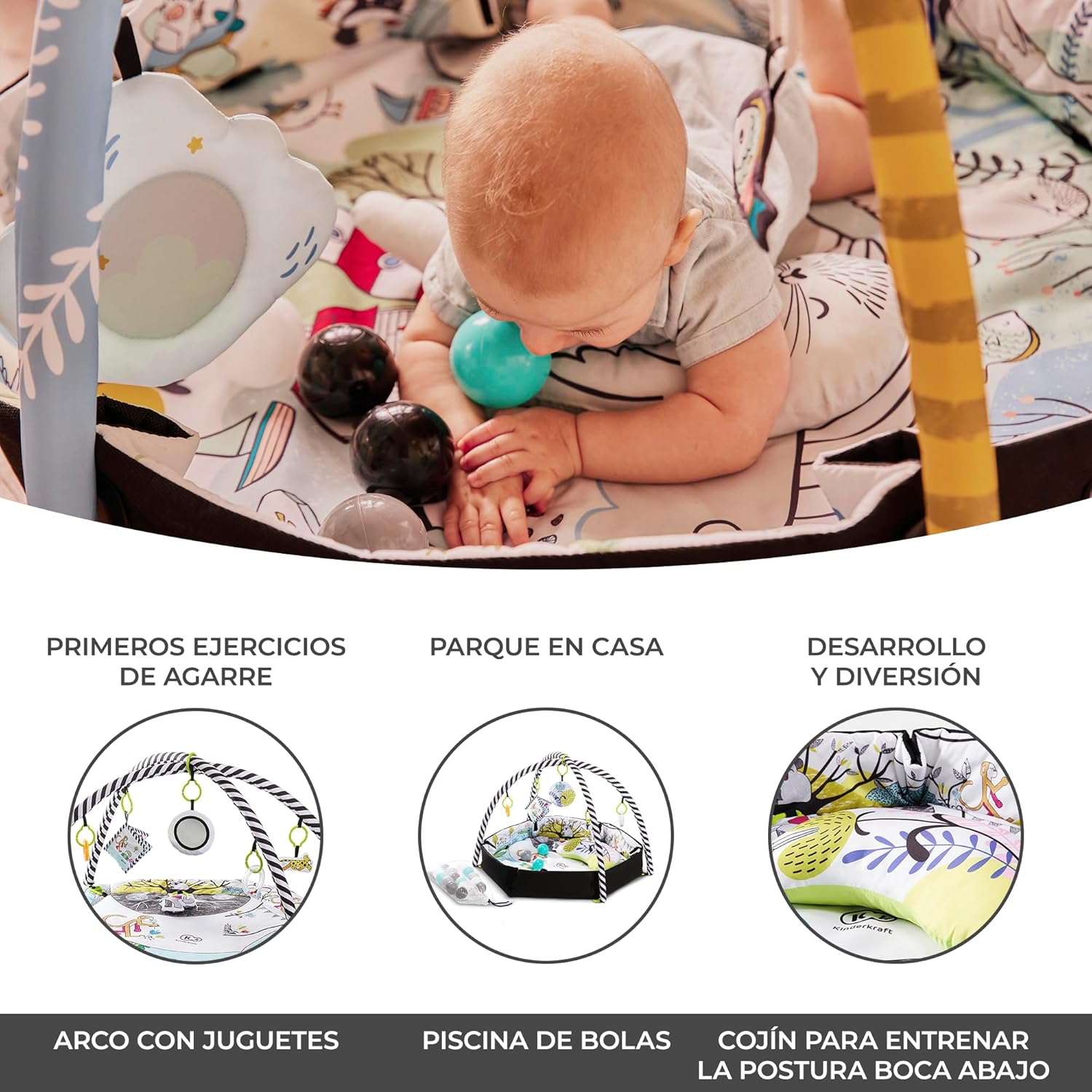 kk Kinderkraft SMARTPLAY Ginásio para bebé, tapete para crianças, tapete de bebé, 7 brinquedos, 20 bolas, 2 arcos, com acessórios, para bebé, multifuncional, piscina seca, multicolorido