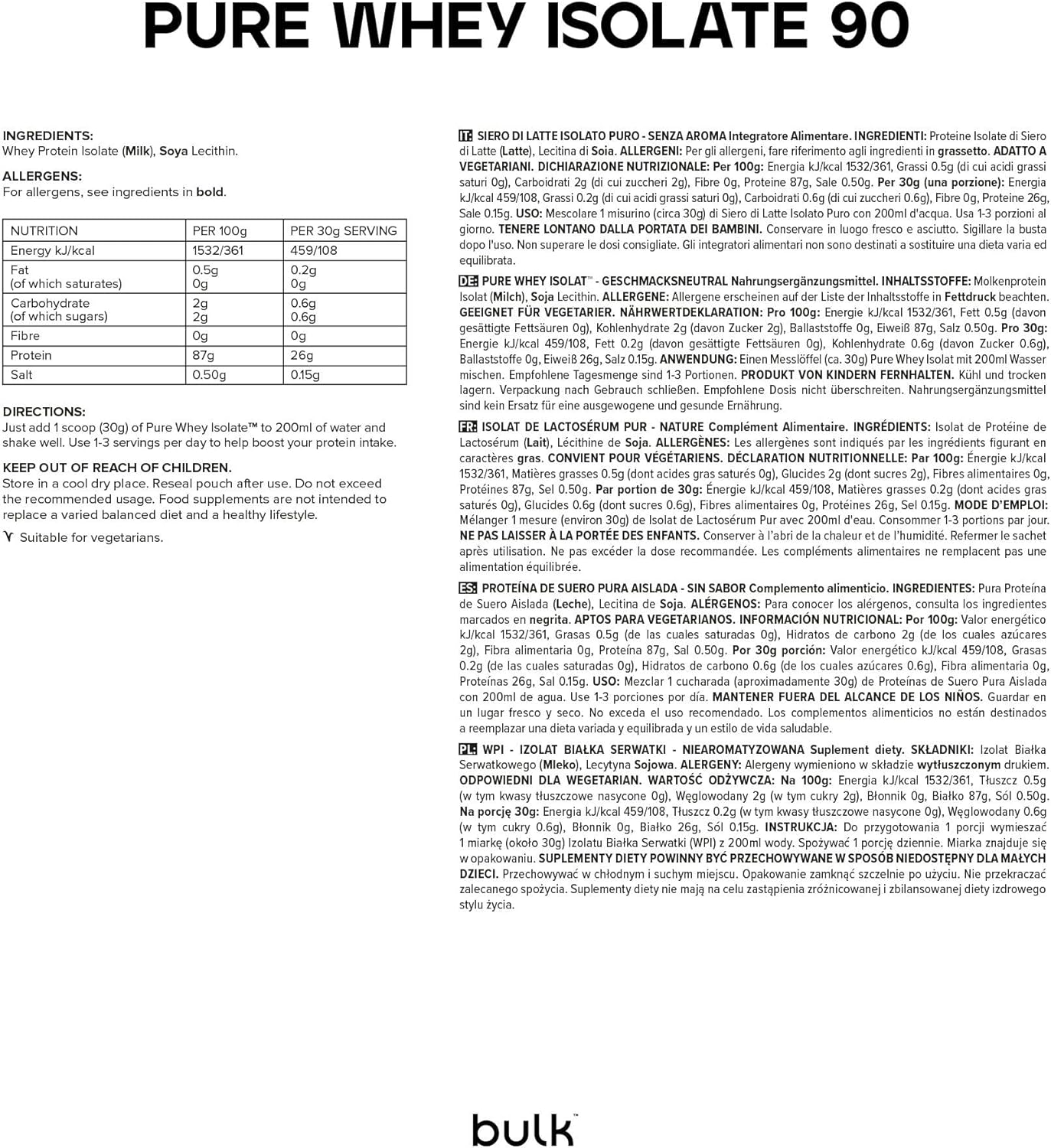 Bulk Whey Protein Isolate, Sin sabores añadidos, 500 g, 16 Dosis, Bajo contenido en azúcar, Bajo contenido en grasas, para aumentar la masa muscular*, Los embalajes y envases pueden variar
