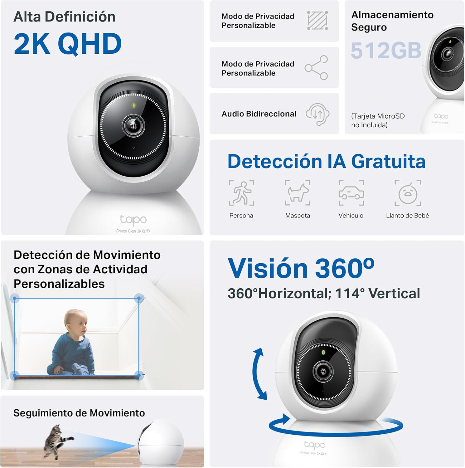 Tapo C220 - IA Cámara Vigilancia 360°, 2K 4MP QHD, Inteligente de IA, Visión Nocturna, Audio Bidireccional, Detección Movimiento, Admite Tarjeta SD 512G, Control Remoto, Fácil configuración