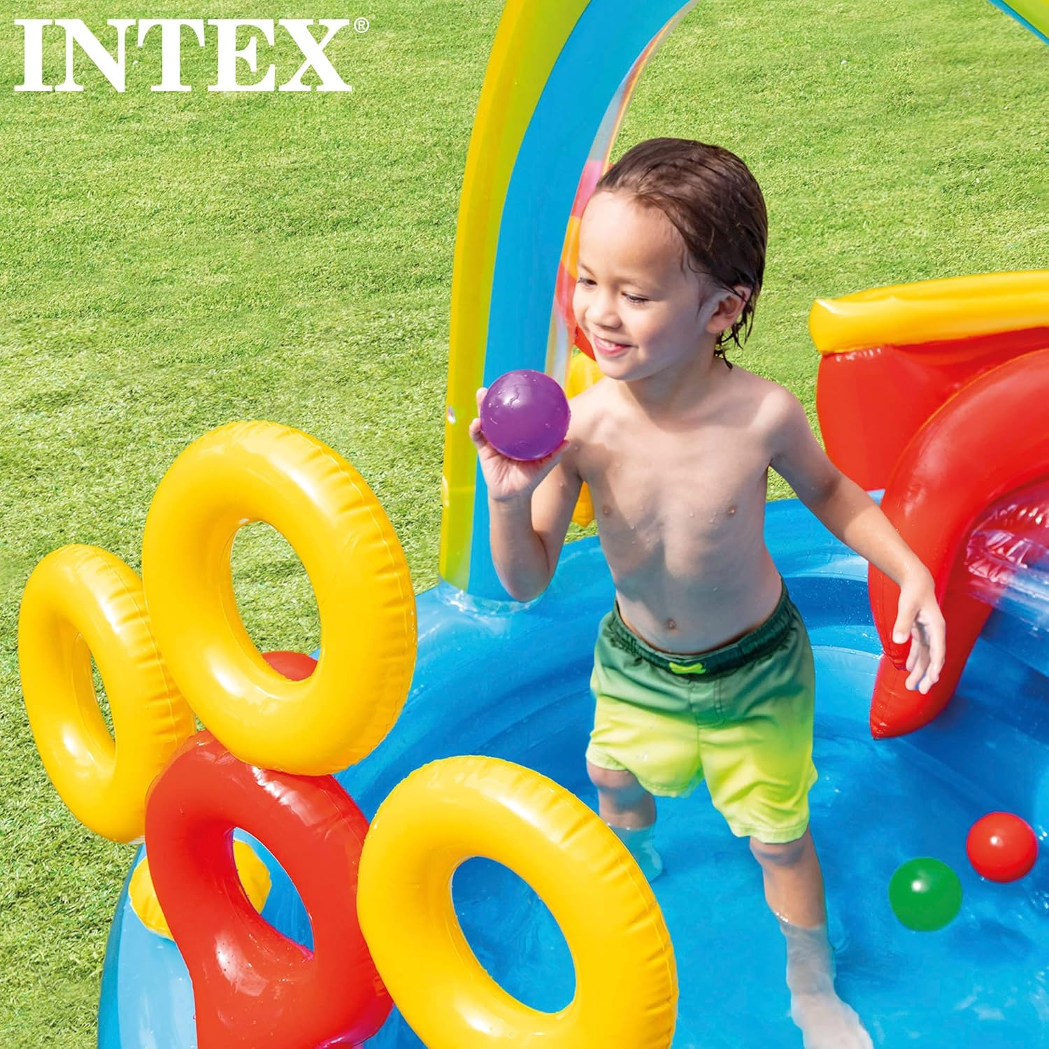 Intex 57453NP — Piscina insuflável com atividades arco-íris 297 x 193 x 135 cm, 206 e 175 litros