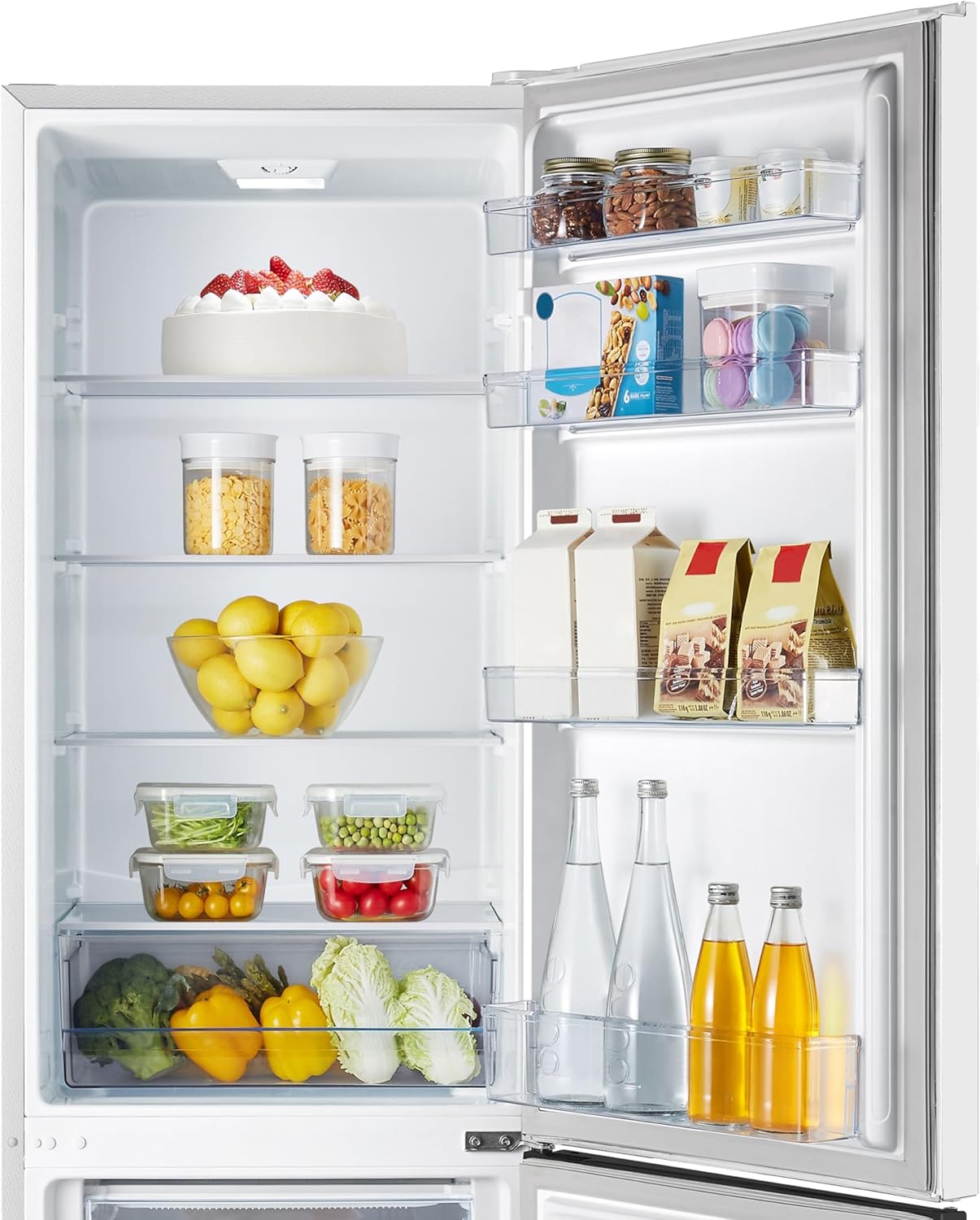 Hisense RB343D4CWE Frigoríficos Combi, 269 L, classe E, 55 cm x 180 cm, abertura de portas de 90º, porta reversível, gavetas frutas e legumes, iluminação LED, varanda de grande capacidade, branco