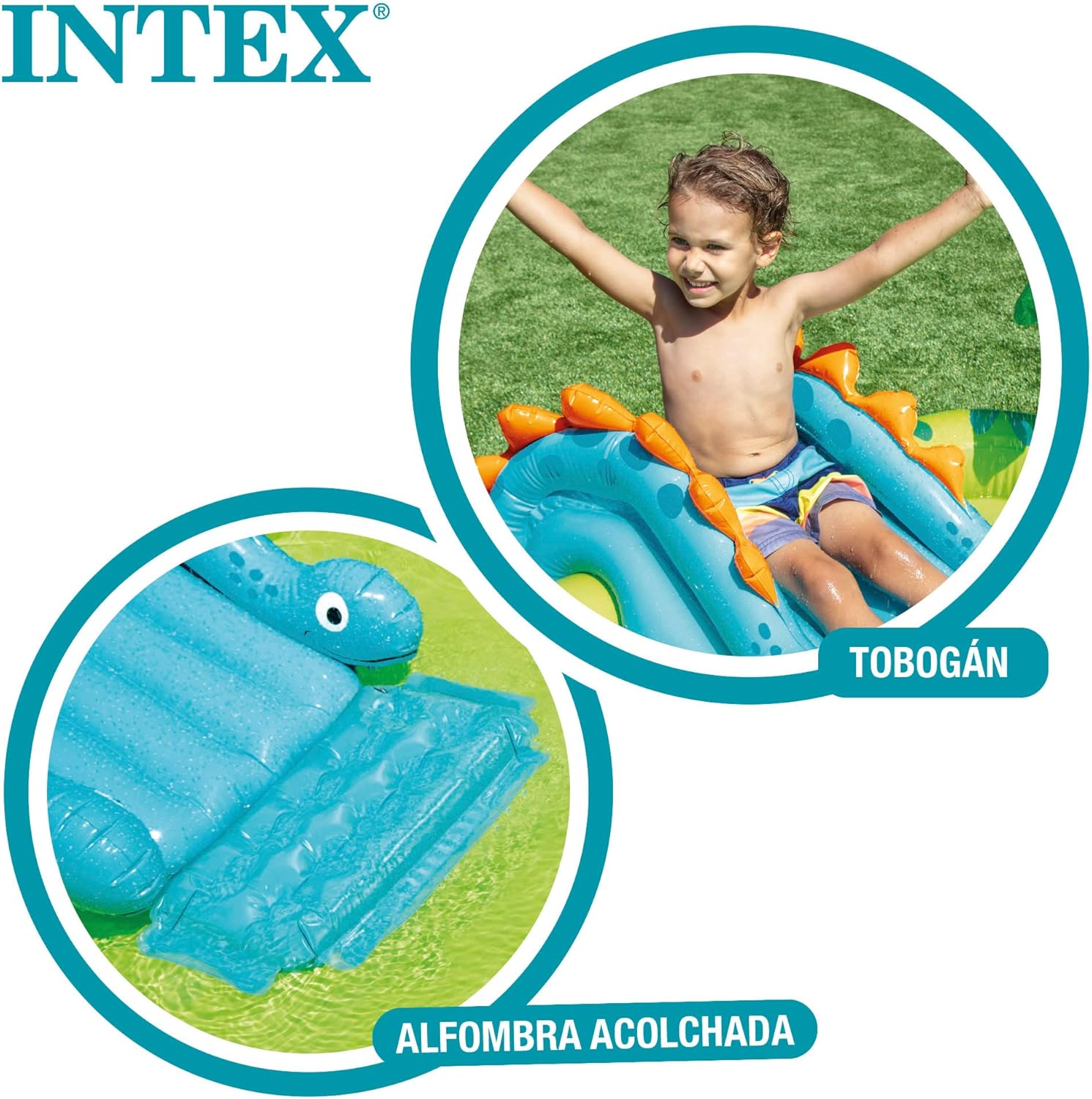 INTEX 57166 - Piscina infantil insuflável com dispersor de água e escorrega dinossauro, centro de jogos para crianças