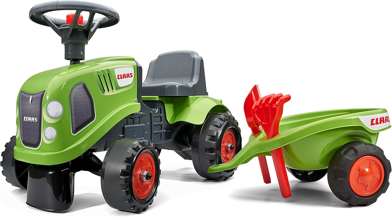 FALK - Porta Tractor Claas con Remolque - A Partir de 12 Meses - Fabricado en Francia - Pala y Rastrillo Incluidos - 2 Estilos de Personalización - Matrícula Personalizable - 212C