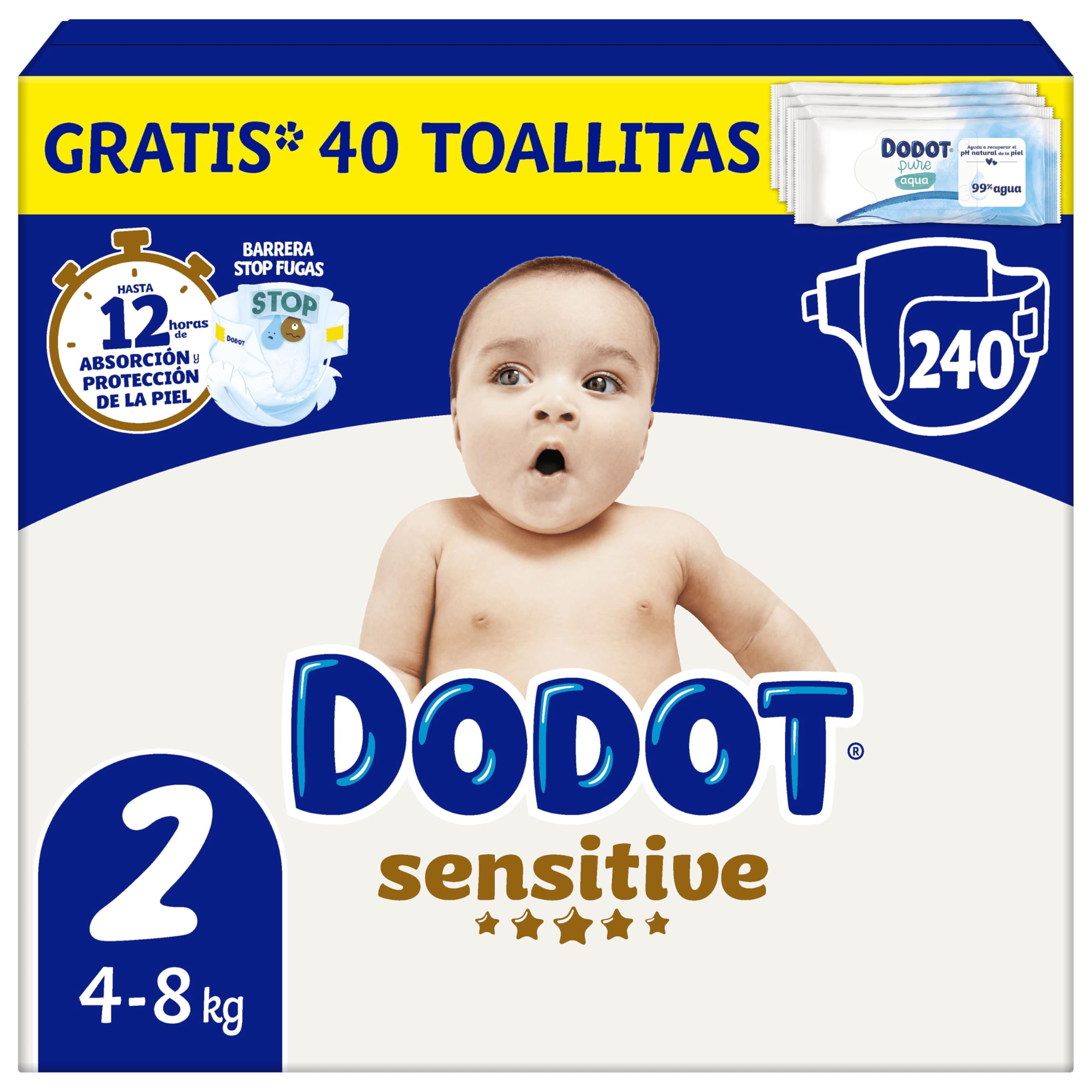 Dodot Pañales Bebé Sensitive, Talla 4 (9-14 kg), 192 Pañales + 4 Pants de Regalo, Hasta 12 h De Protección Antifugas y Cuidado de la Piel, Pack Mensual
