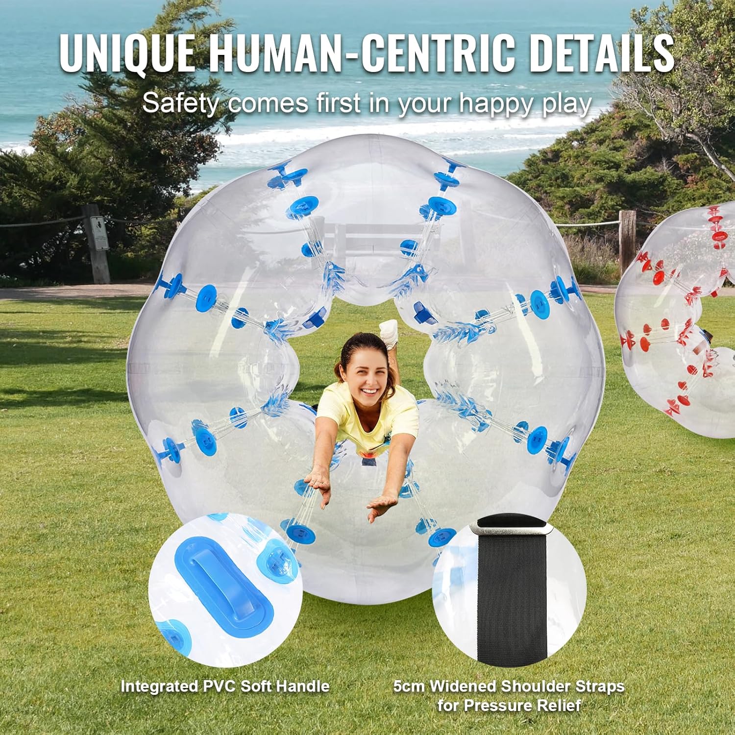 VEVOR 2 bolas de para-choques insufláveis de 1,5 m x 1,2 m, bola de recuperação insuflável com corpo de PVC para atividades ao ar livre, bola de para-choques insuflável de pontos vermelho e azul