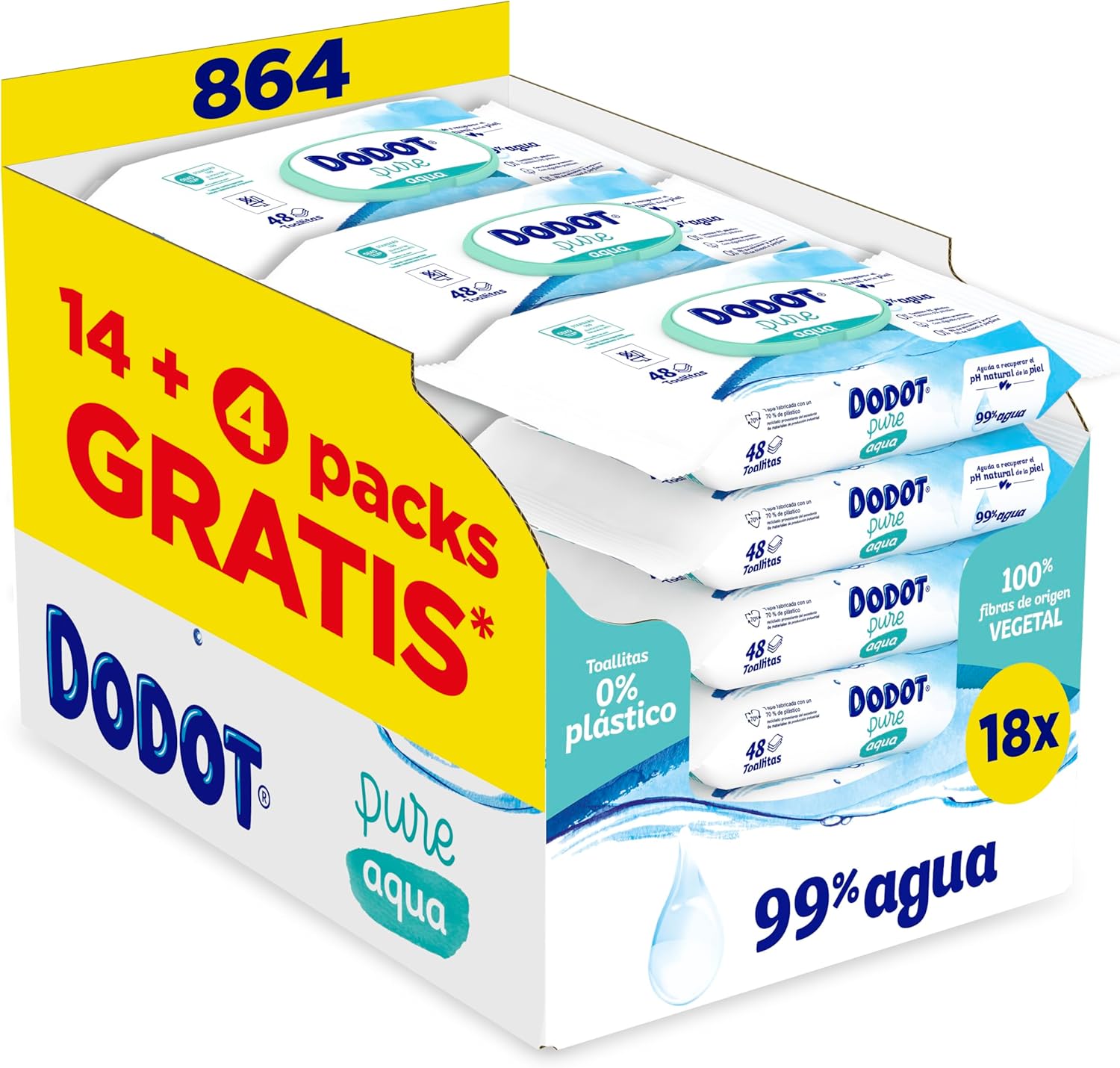 Dodot Toallitas Pure Aqua Para Bebé, 864 Toallitas (18 Packs de 48 Unidades), Ayuda A Restaurar El PH Natural De La Piel, 99% Agua, Sin plástico
