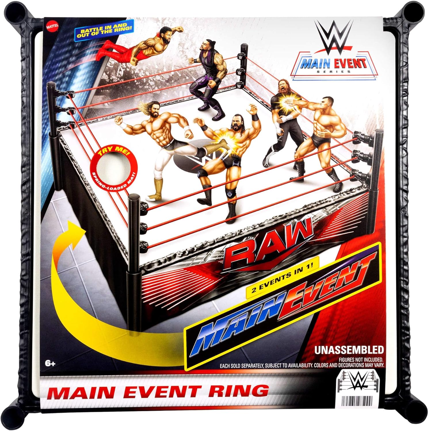 Mattel WWE Ring de superestrelas com autocolantes Main Event e RAW, tapete com molas e cordas elásticas esticadas, JDJ20