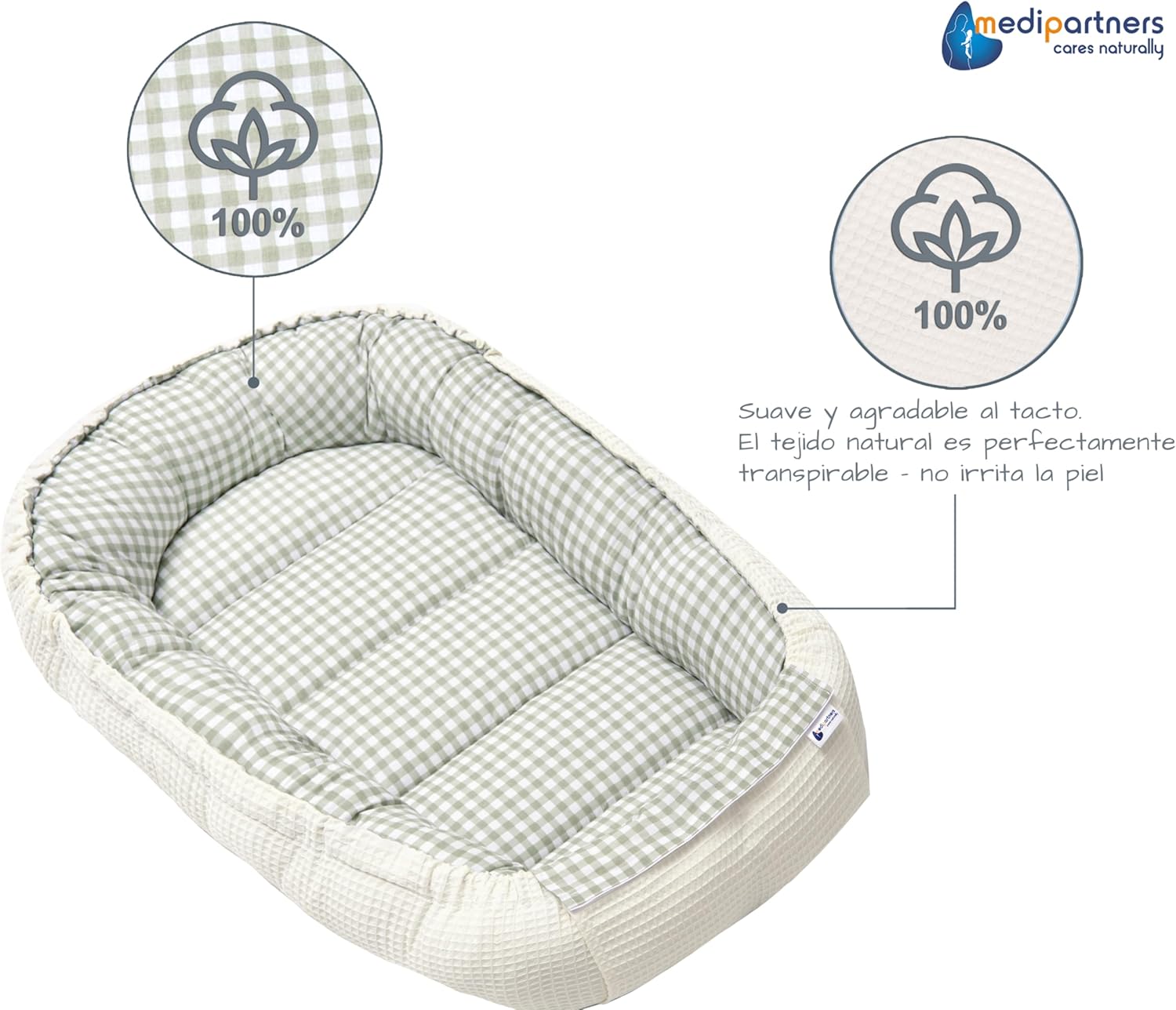 Medi Partners Ninho de bebé recém-nascido redutor de berço - 100 x 60 x 15 portátil ou de viagem de coleço anticólicas bilateral bebés 100 % algodão baú (quadros com azeitona ofre)