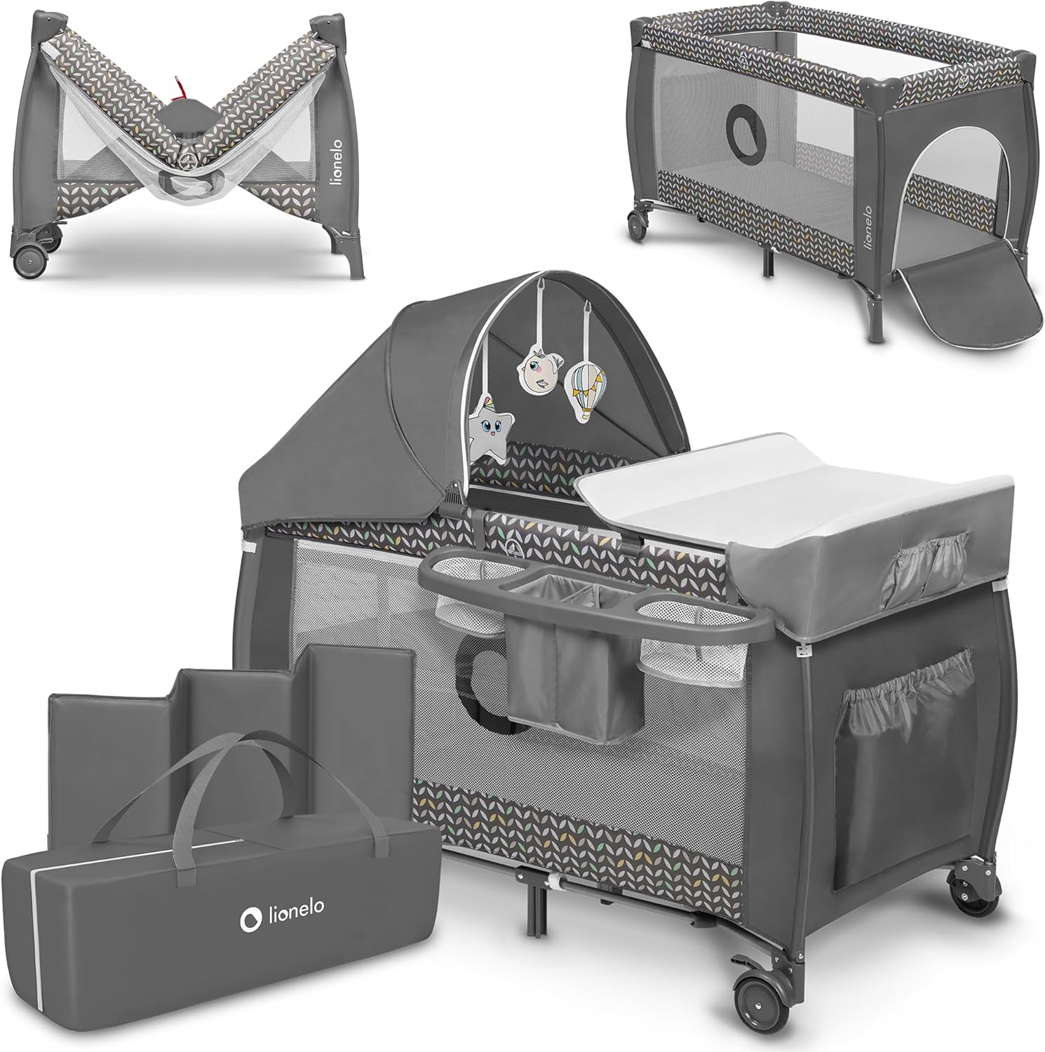 lionelo Sven Plus Berço de viagem para bebés 0-36 M para crianças até 15 kg função de trocador mosquiteira abertura lateral com fecho de correr ajuste de altura (cinzento)