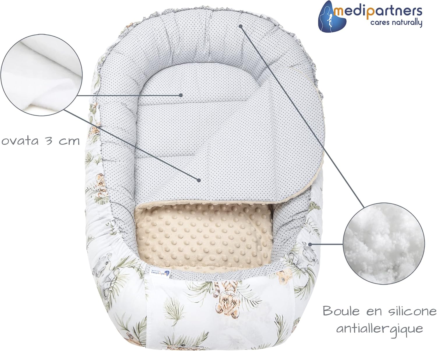Medi Partners Ninho bebé recém-nascido redutor de berço, 100 x 60 x 15 conjunto de 5 peças bebés anticólicas bilateral portátil ou de viagem 100 % algodão (safari com Minky Bege)