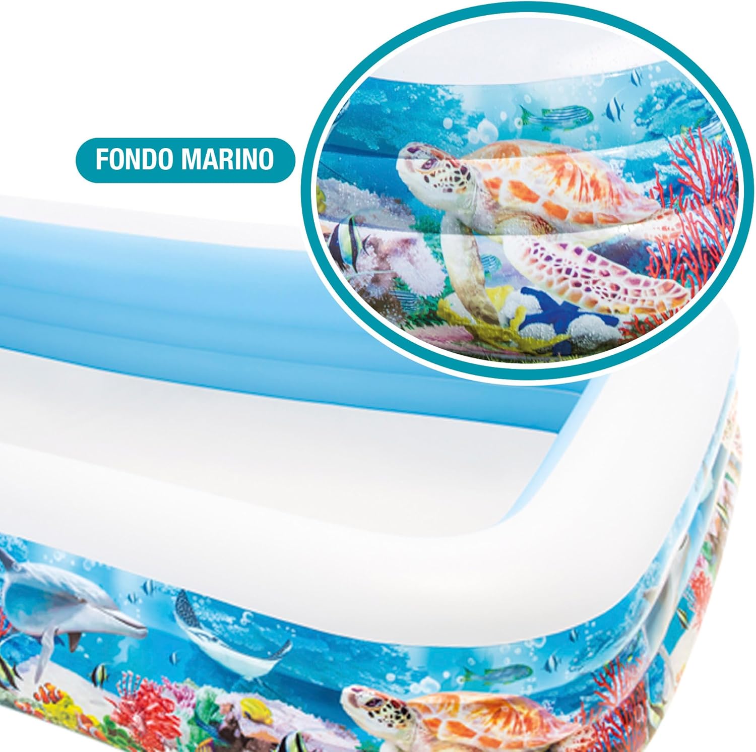 Intex Piscina Hinchable Grande diseño océano, 305x183x56 cm, 1050 litros, 3 cámaras de Aire, Tapón de desagüe, Vinilo Resistente, Uso Exterior, Ideal jardín y Verano, Parche Incluido, +6 años (58485)