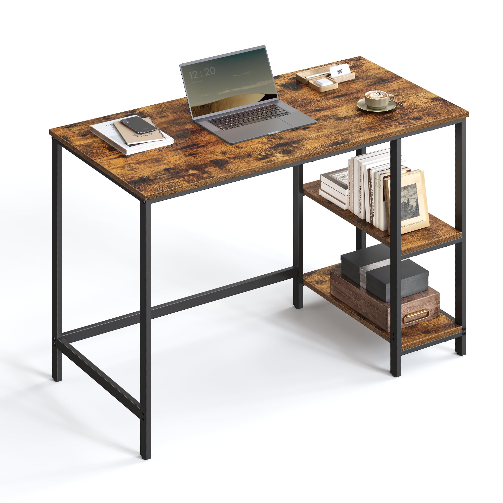VASAGLE Secretária, mesa de computador, com 2 prateleiras à esquerda ou à direita, para escritório, quarto, estrutura de aço, industrial, castanho rústico e preto LWD47X