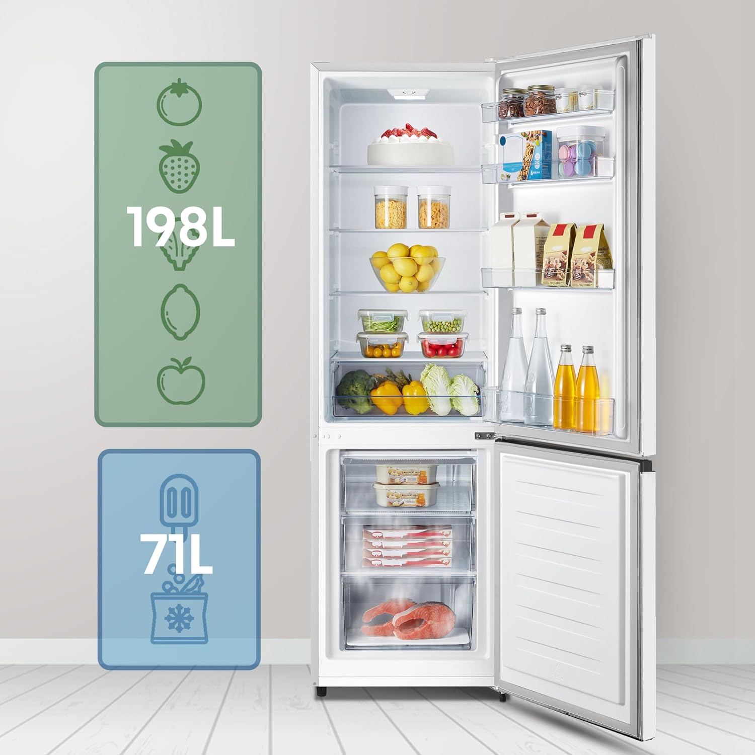 Hisense RB343D4CWE Frigoríficos Combi, 269 L, classe E, 55 cm x 180 cm, abertura de portas de 90º, porta reversível, gavetas frutas e legumes, iluminação LED, varanda de grande capacidade, branco