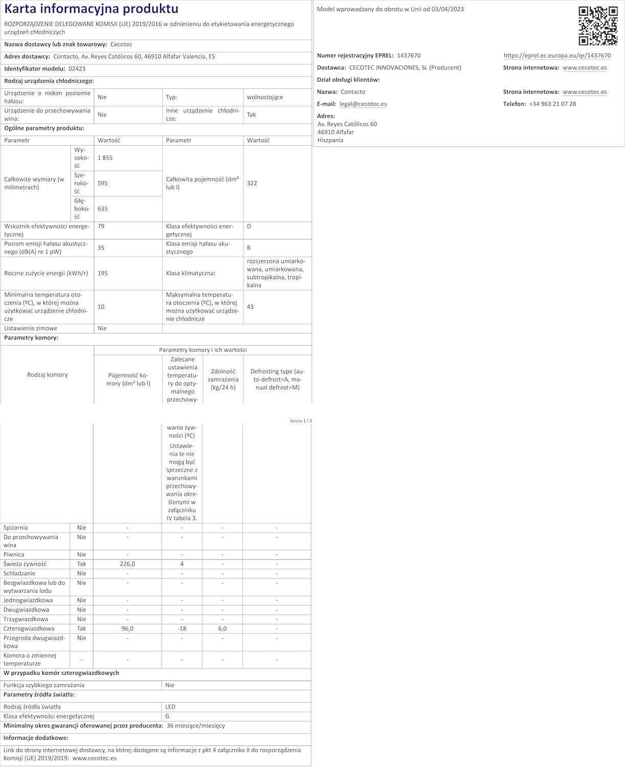 Cecotec Frigorífico Combi 2 portas de Bolero CoolMarket Combi 322 Inox D. 322 l, altura 185 e 60 cm de largura, baixo consumo, inversor do motor, sistema multi ar low, total sem gelo