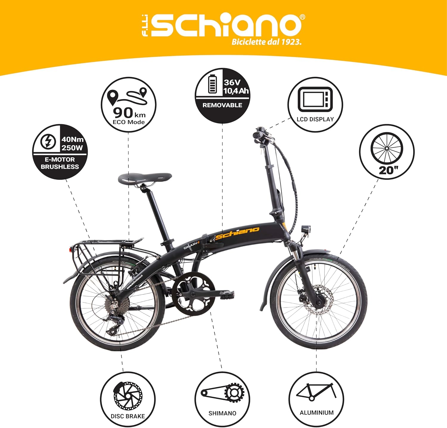 F.lli Schiano Galaxy, bicicleta elétrica dobrável, 20", bateria de 36 V de 10,4 Ah removível, motor 250 W de 40 mm, bicicleta elétrica urbana, unissexo para adulto, preta