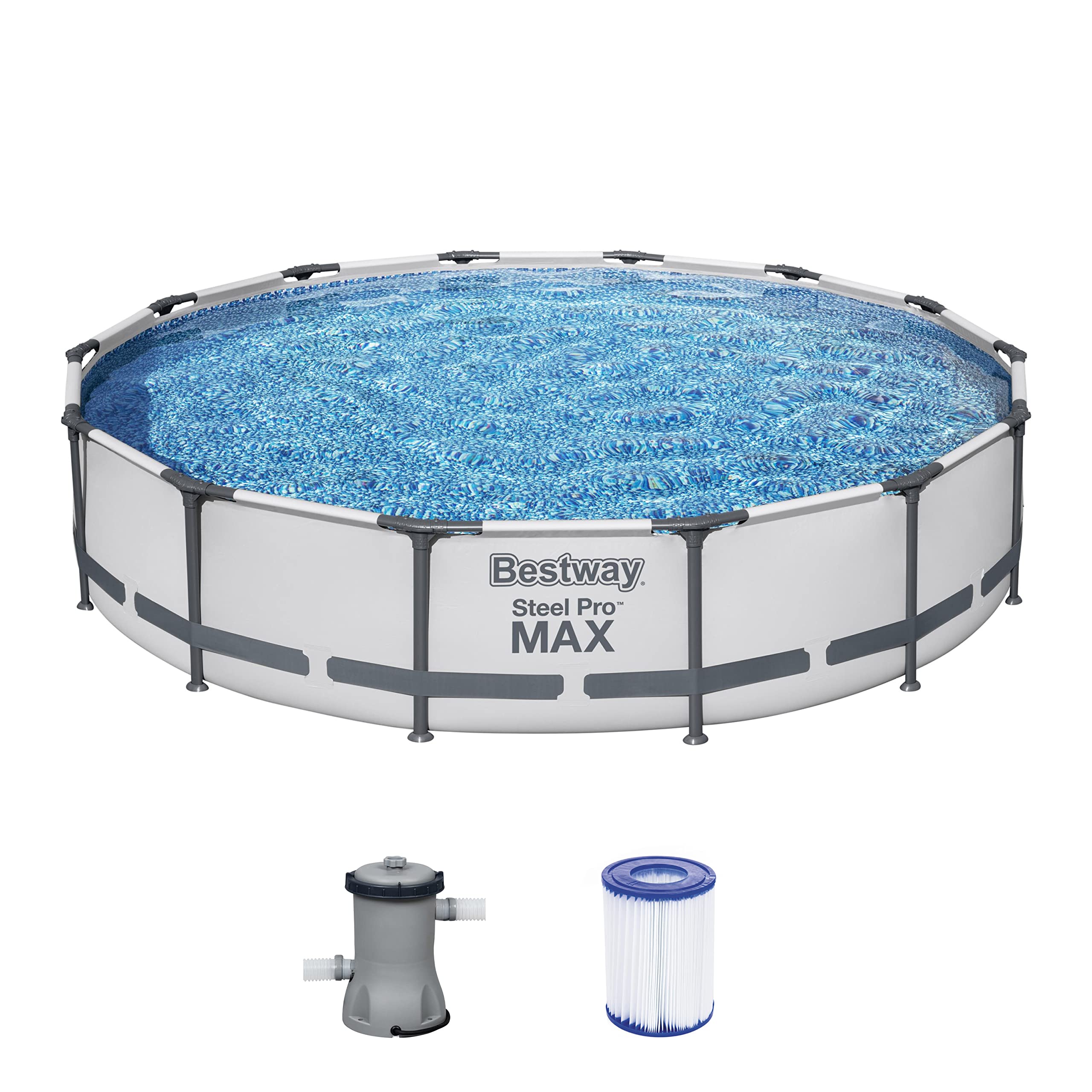 Bestway Steel Pro MAX Frame - Piscina Completa con Bomba de Filtro (diámetro 366 x 122 cm), Color Gris Claro