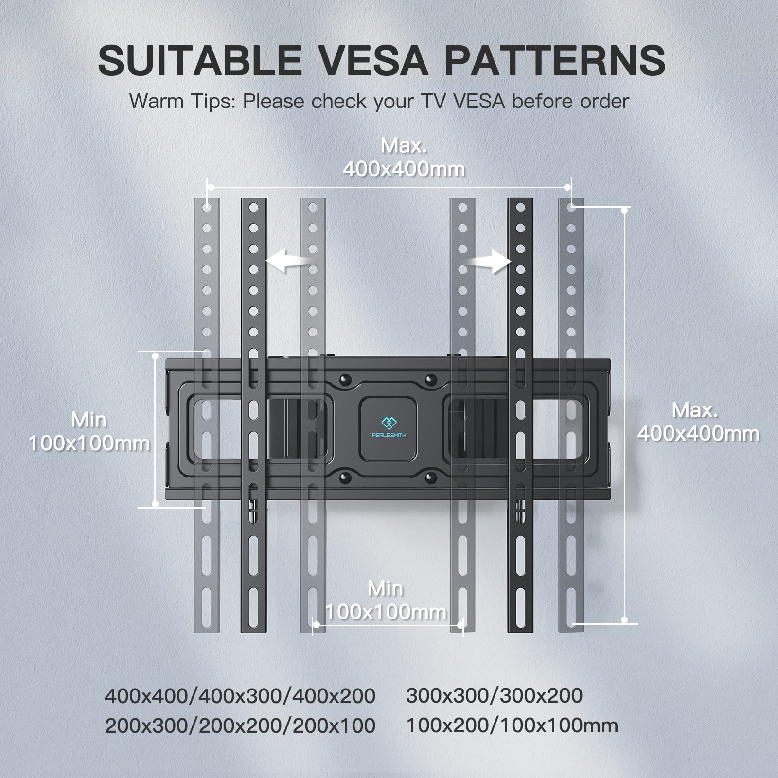 PERLESMITH Suporte de TV de parede articulado, inclinável e giratório – Suporte de TV para telas de 26 a 70 polegadas – MAX VESA 400x400 mm, para suportar 45 kg
