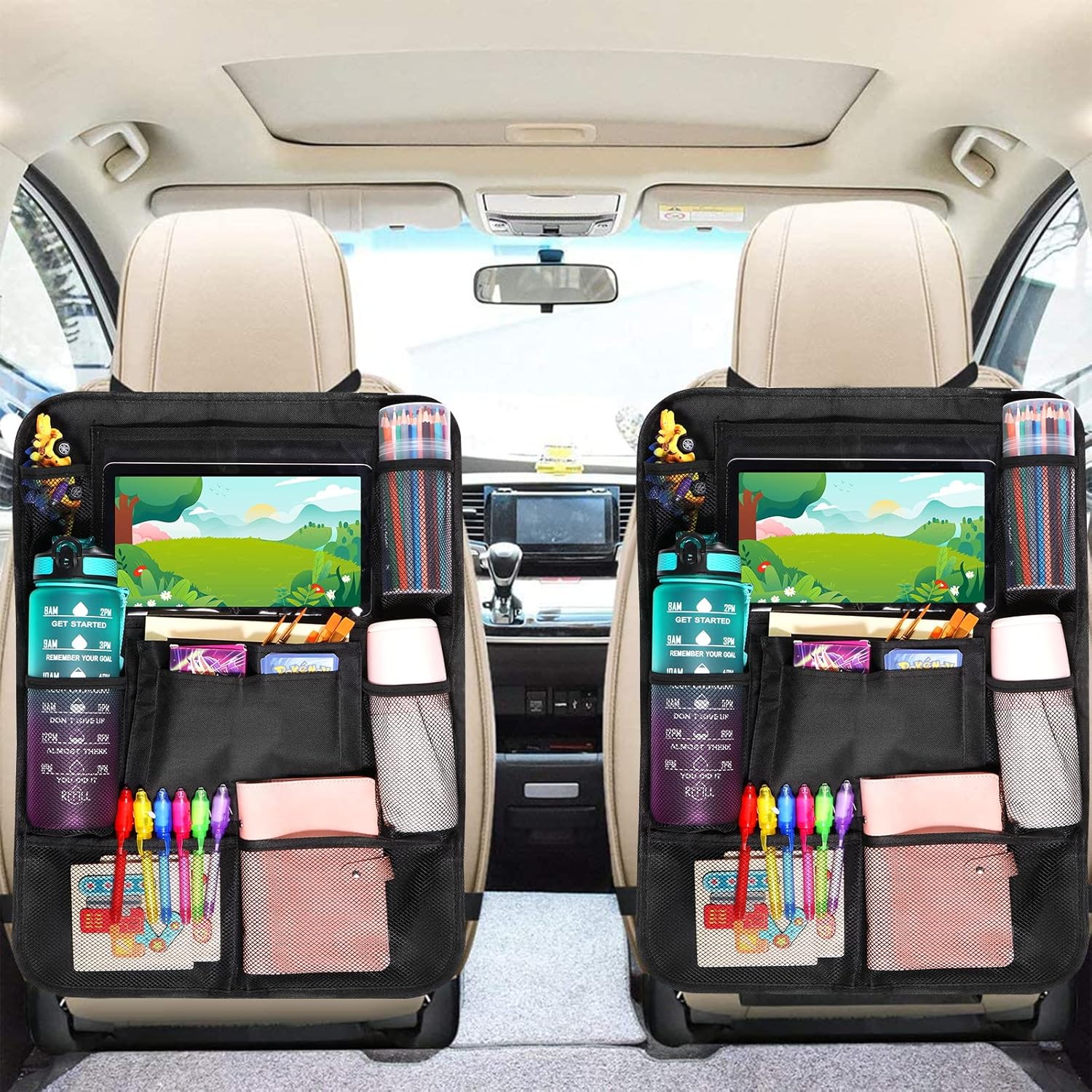 Diboniur Organizador de assento de carro, protetores de assento para carro com 10 bolsos, organizador de assento traseiro para crianças para tablet iPad de 9,7" e 10,5" para brinquedos livros
