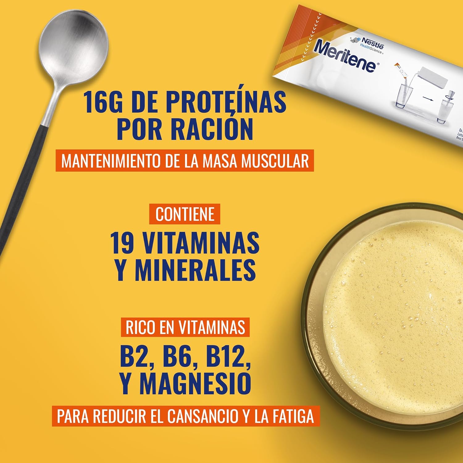 Meritene | Fuerza y Vitalidad | Batidos Sabor Vainilla | Fuerza para tus Músculos, Vitalidad para ti | Solución Nutricional para Adultos con Proteínas, Vitaminas y Minerales | 15 Sobres | 450 gr