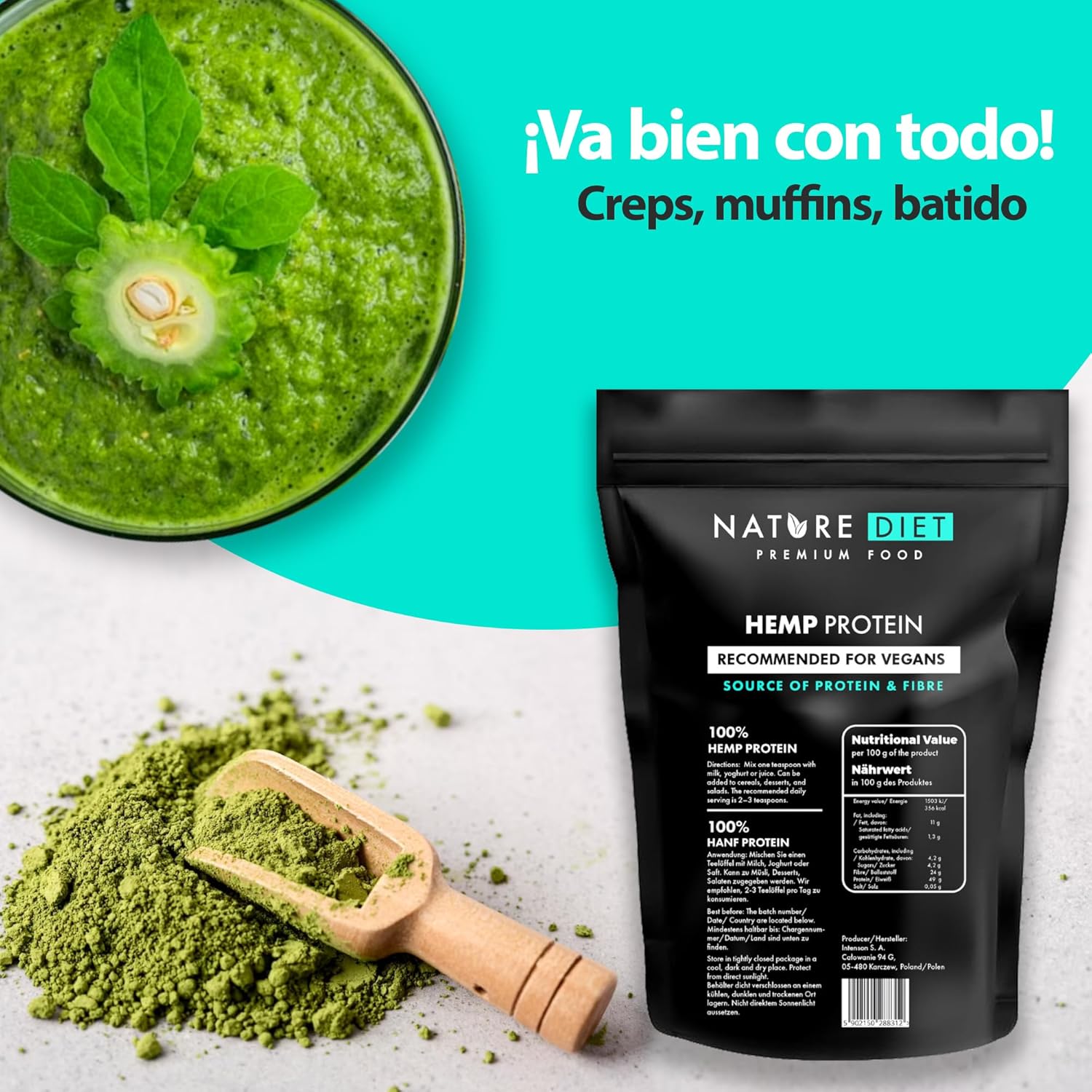 Nature Diet Proteína de cânhamo 1000 g, vegano, pó de proteína, à base de plantas