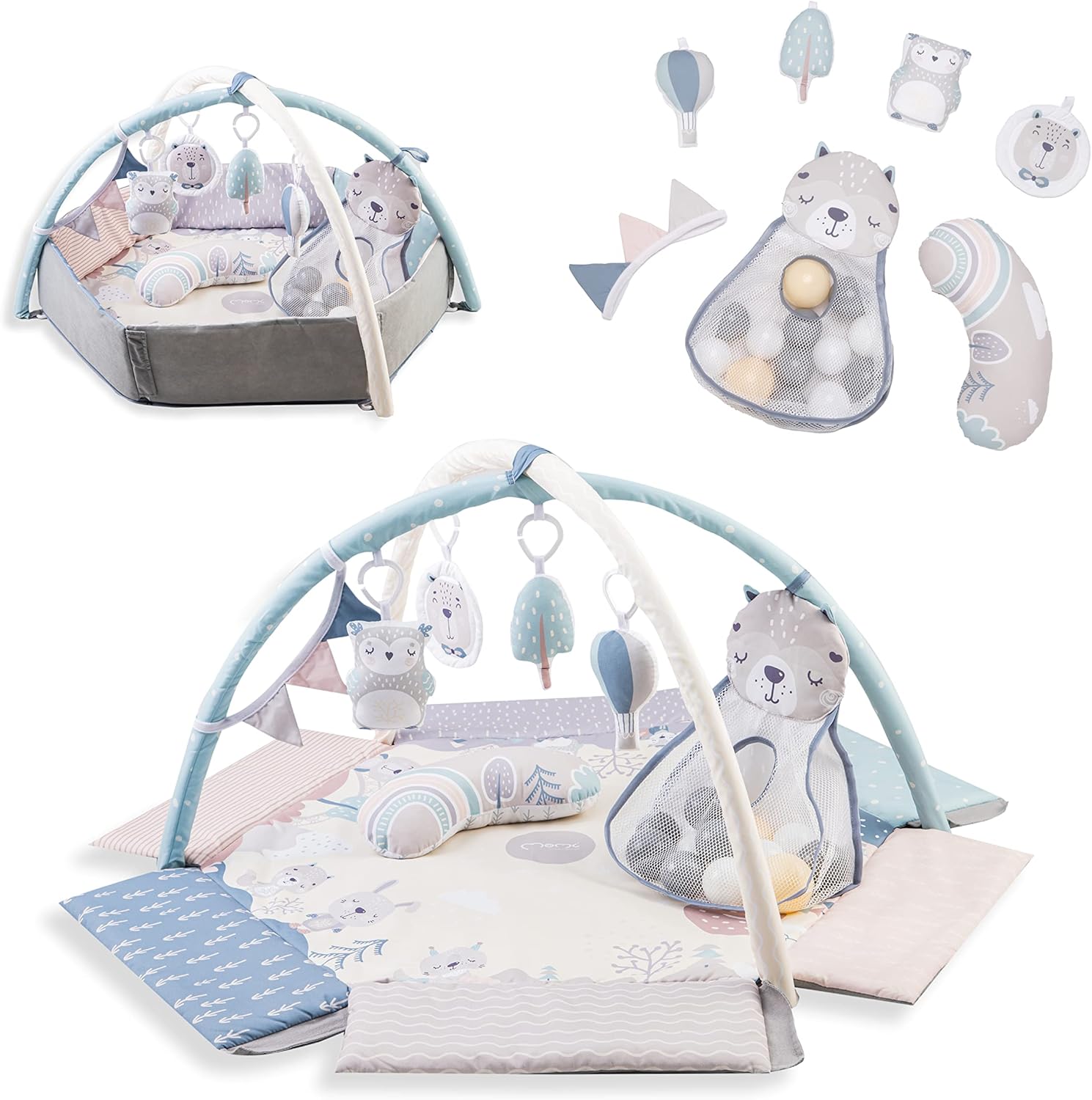 MoMi PASTEL arco de jogo com tapete para gatinhar 3 em 1 para bebés desde o nascimento, tapete de atividades sensorial com 2 arcos, banho de bolas, 5 brinquedos