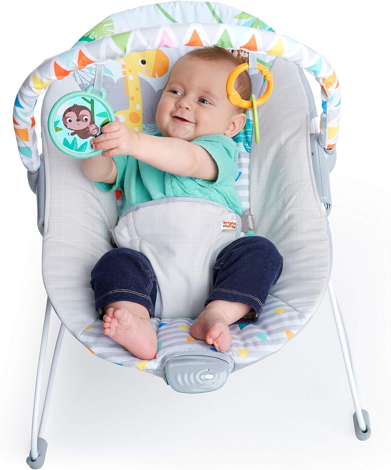Bright Starts - Vibrador de assento infantil - barra de brinquedos removível, pés antiderrapantes, 0-6 meses a 9 kg (Safari Fun)
