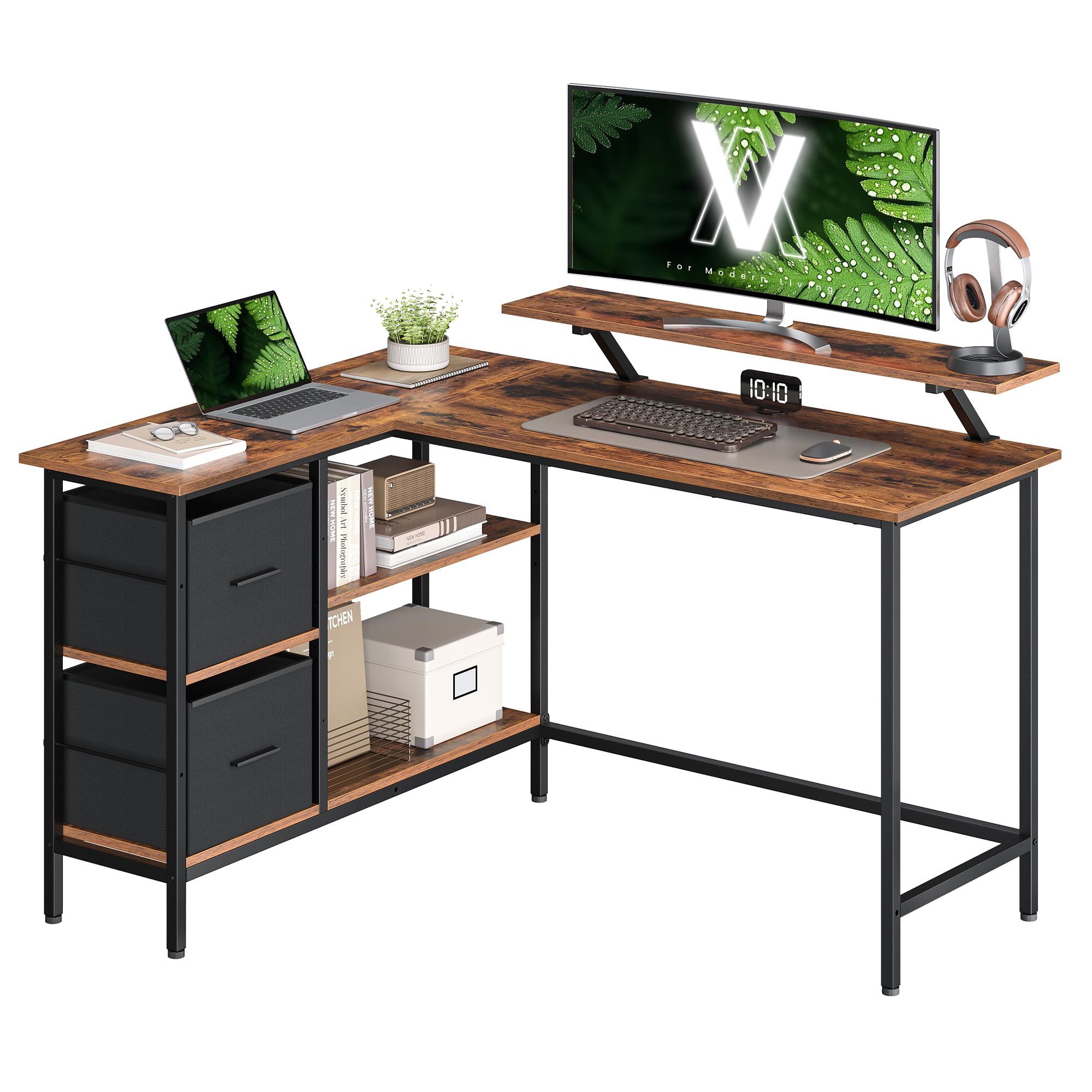 VASAGLE Escritorio en Forma de L, Esquinero, con 2 Amplios Cajones, Mesa con Soporte para Monitor, para Esquina, con Estante Ajustable, para Oficina Casa, Blanco Arce LWD097W01