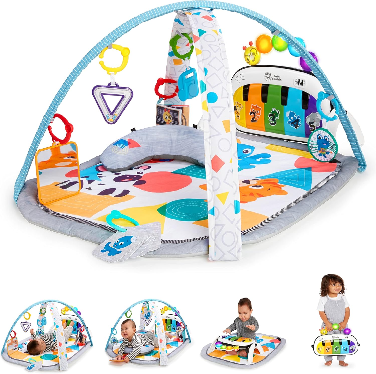 Baby Einstein, Gimansio de Actividades Musical para bebés 4en1 Kickin' Tunes con Piano, 70+ sonidos, 25+ min de música y luces, arco de juego, 7 juguetes extraíbles, 4 idiomas, desde recién nacido