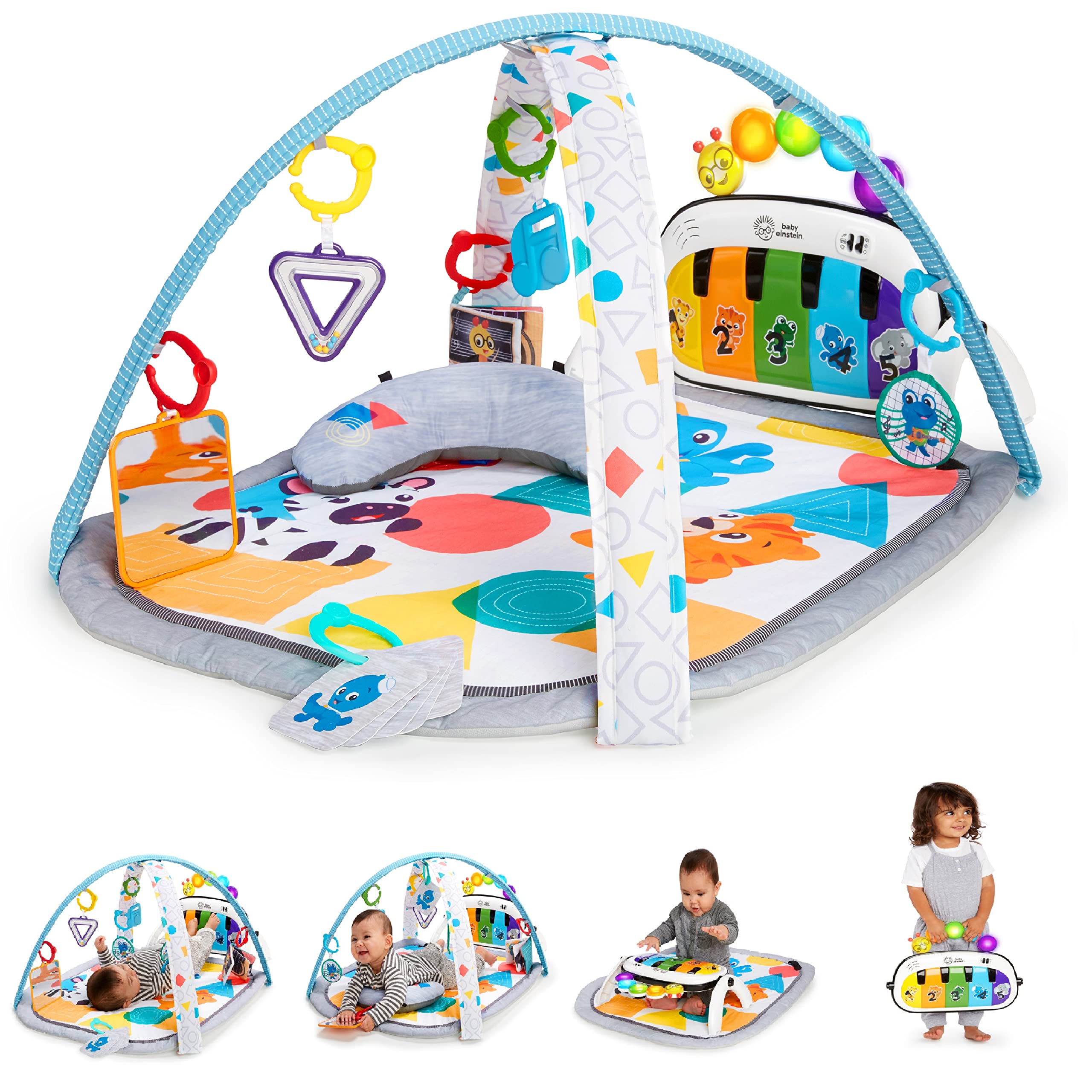 Baby Einstein, Gimansio de Actividades Musical para bebés 4en1 Kickin' Tunes con Piano, 70+ sonidos, 25+ min de música y luces, arco de juego, 7 juguetes extraíbles, 4 idiomas, desde recién nacido