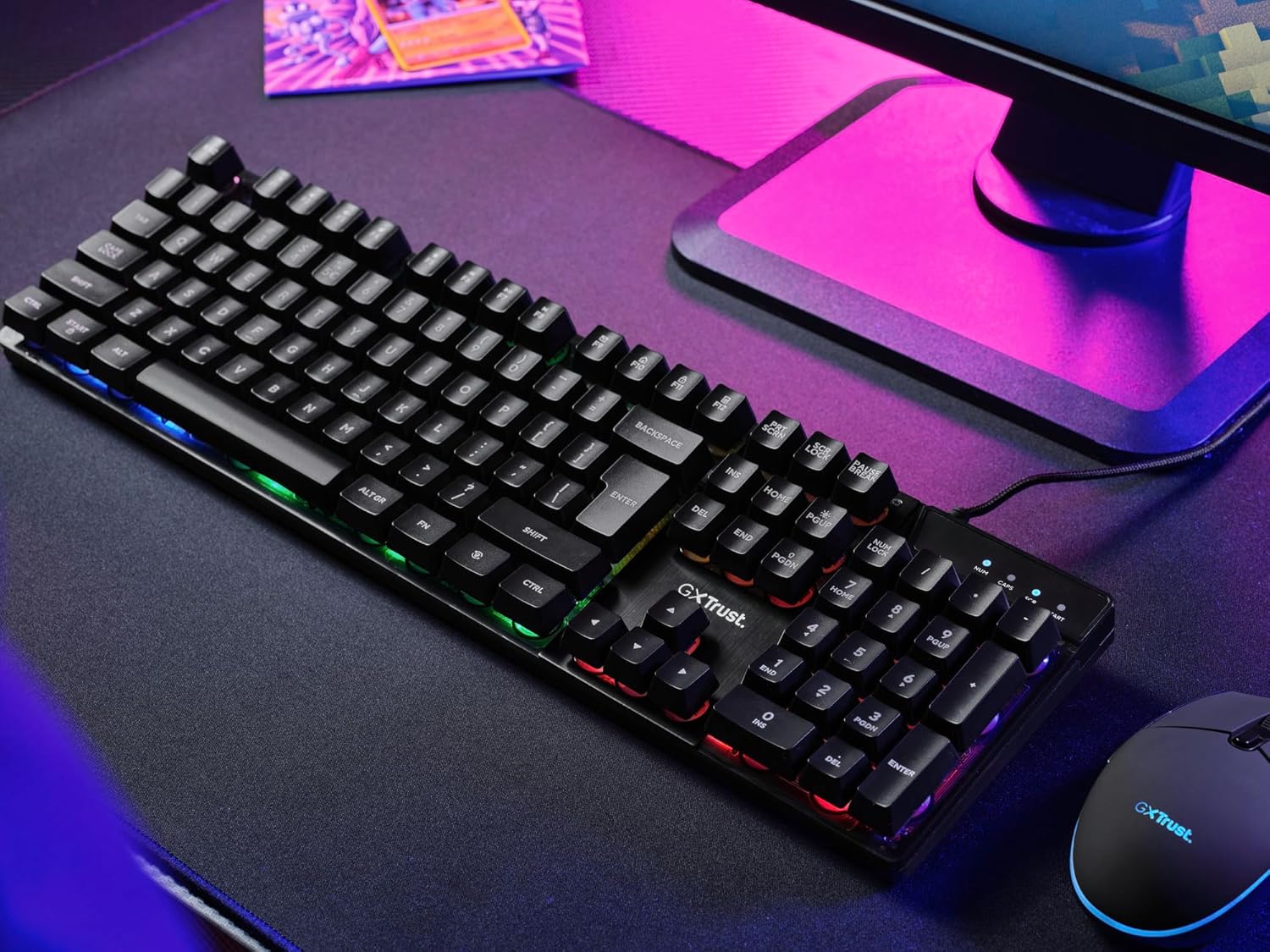 Teclado retroiluminado Trust Gaming GXT 835 Azor, layout QWERTY espanhol, iluminação LED, teclado gaming com fios para Windows, Mac, PC, computador, portátil – preto
