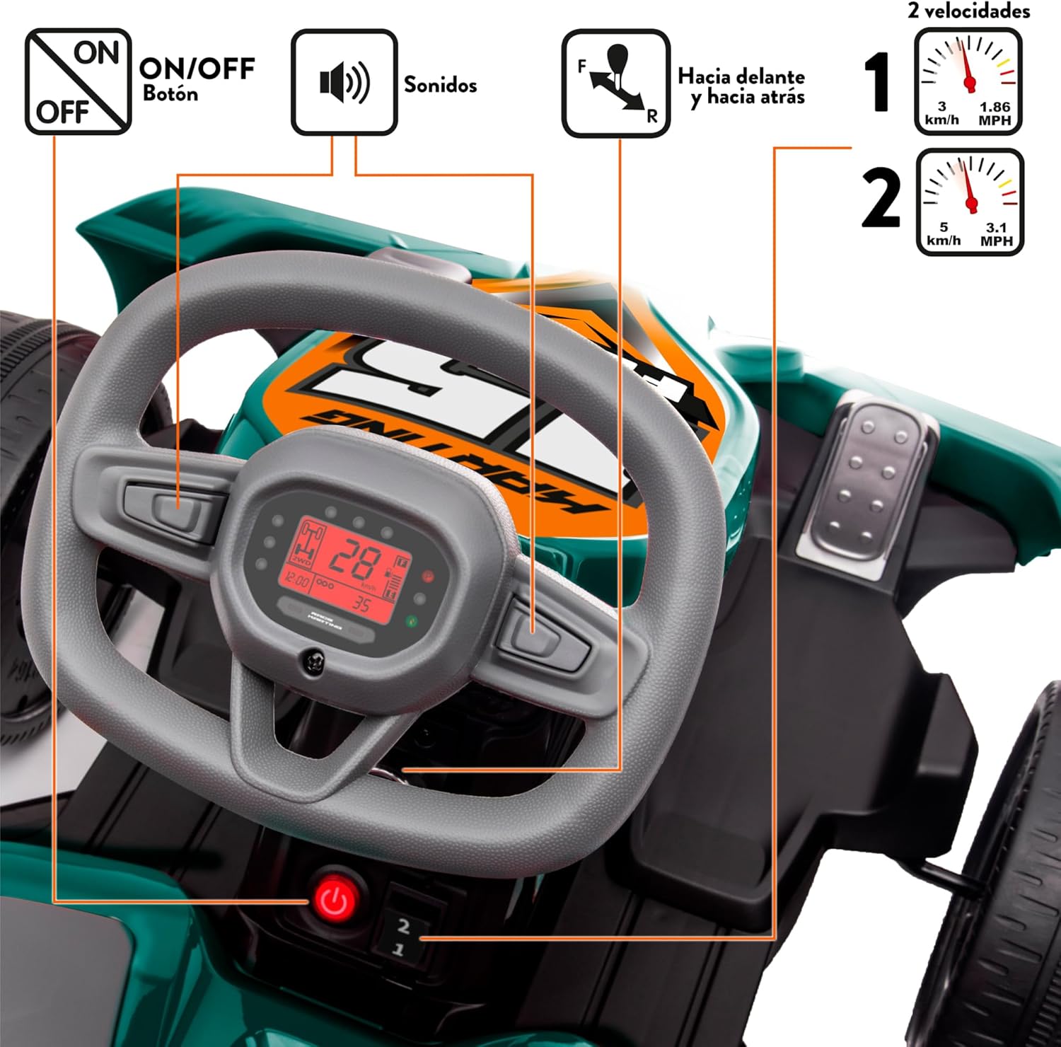 FEBER - GO Kart 12 V, Carro Kart infantil de fórmula 1, verde, estilo desportivo, 2 velocidades e entre 3 e 5 km/h, seguro para meninos e meninas de 3 a 5 anos, famosa (FEN15000)