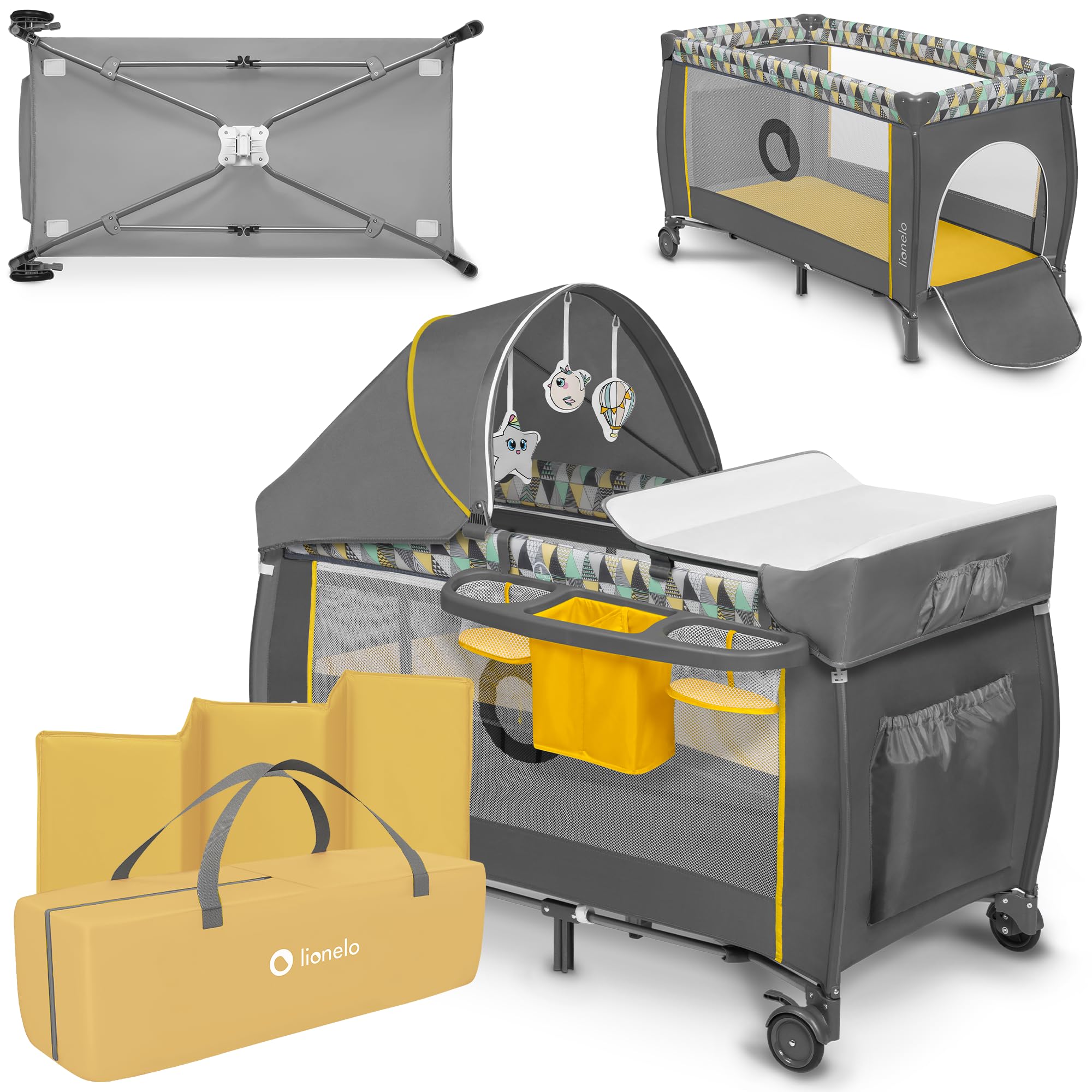 lionelo Sven Plus Berço de viagem para bebés 0-36 M para crianças até 15 kg função de trocador mosquiteira abertura lateral com fecho de correr ajuste de altura (cinzento)
