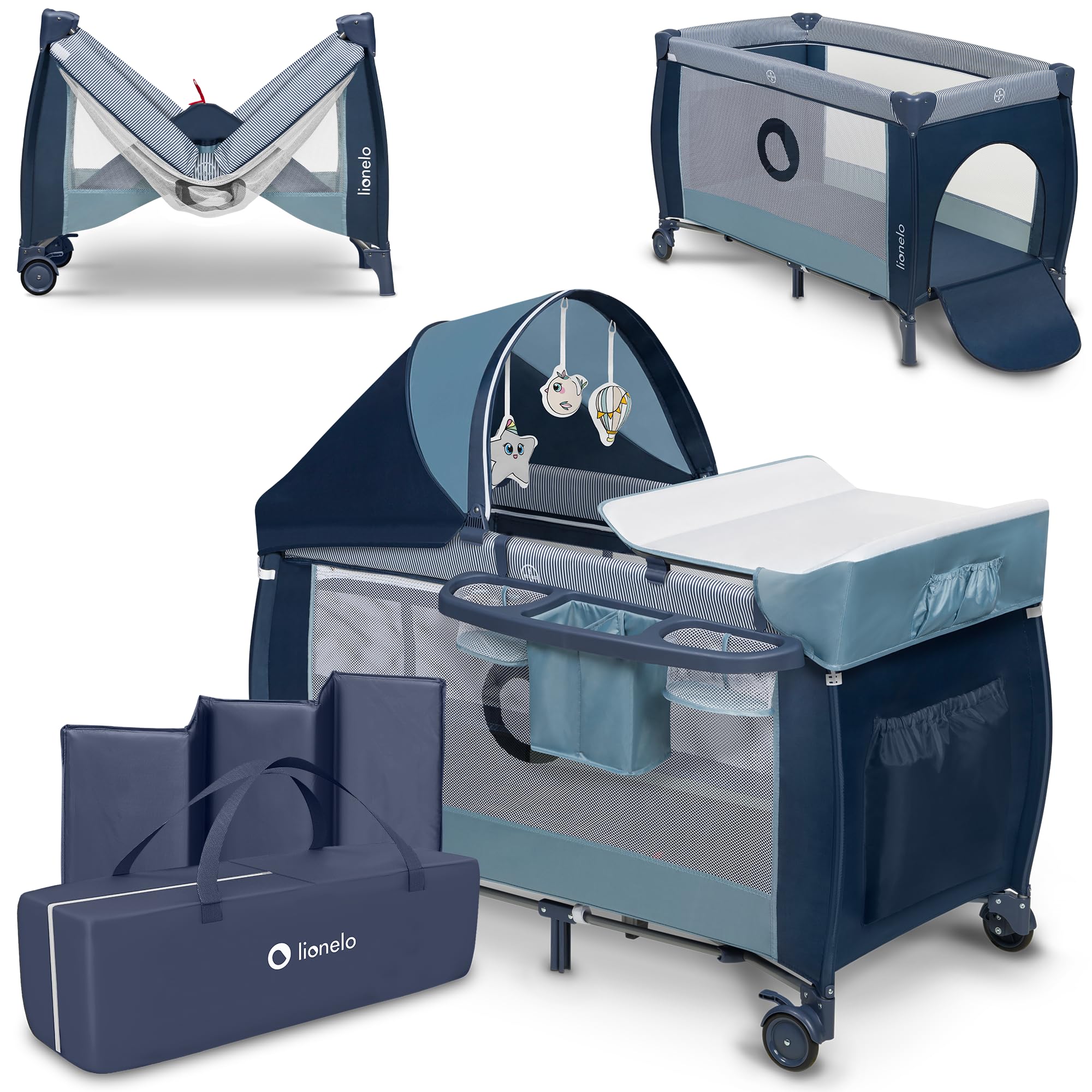 lionelo Sven Plus Berço de viagem para bebés 0-36 M para crianças até 15 kg função de trocador mosquiteira abertura lateral com fecho de correr ajuste de altura (cinzento)
