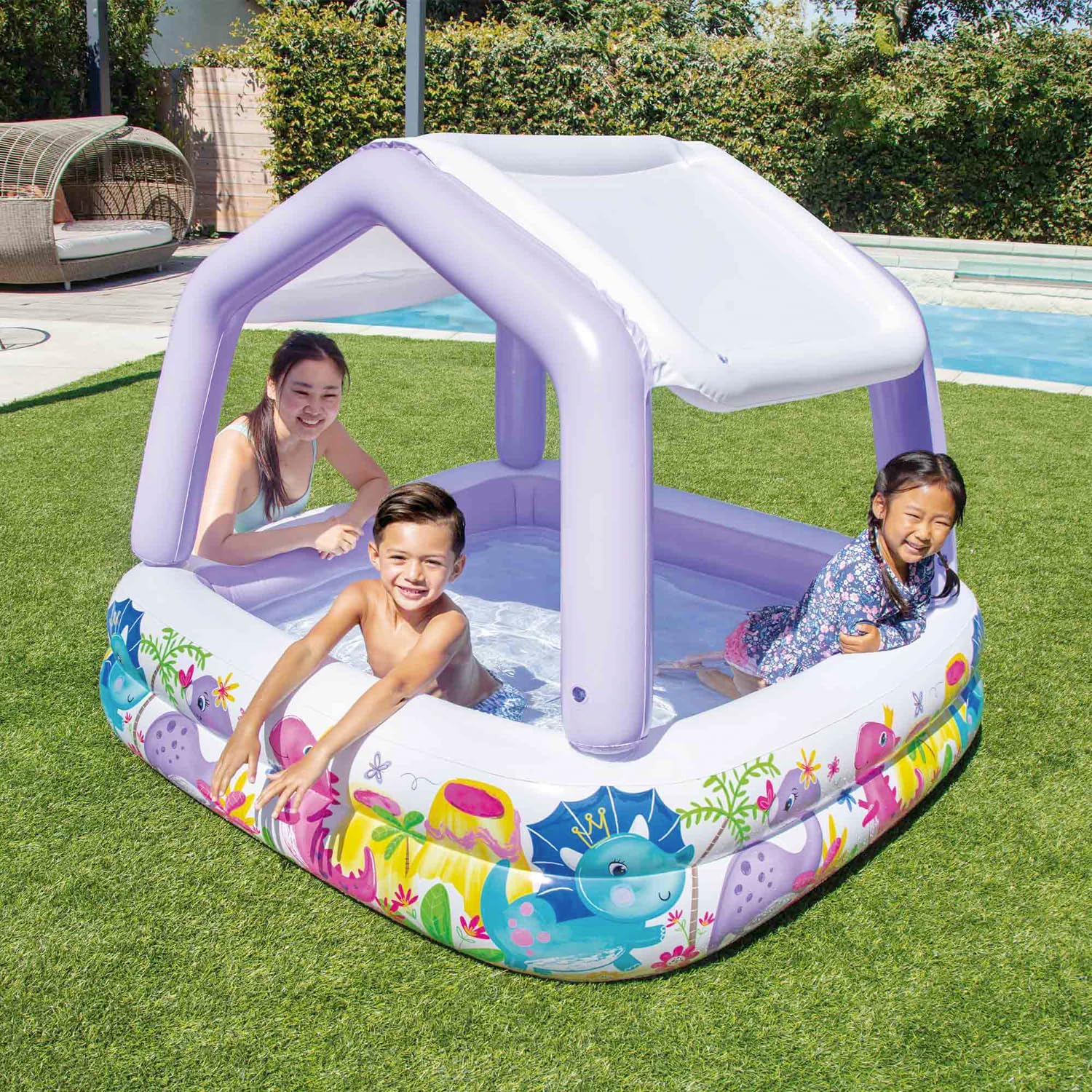 Intex Piscina insuflável para crianças, 157 x 157 x 122 cm, 295 litros, com toldo removível, design aquático, tampa de ralo, uso exterior, vinil resistente, adesivo de reparação incluído, + 2 anos