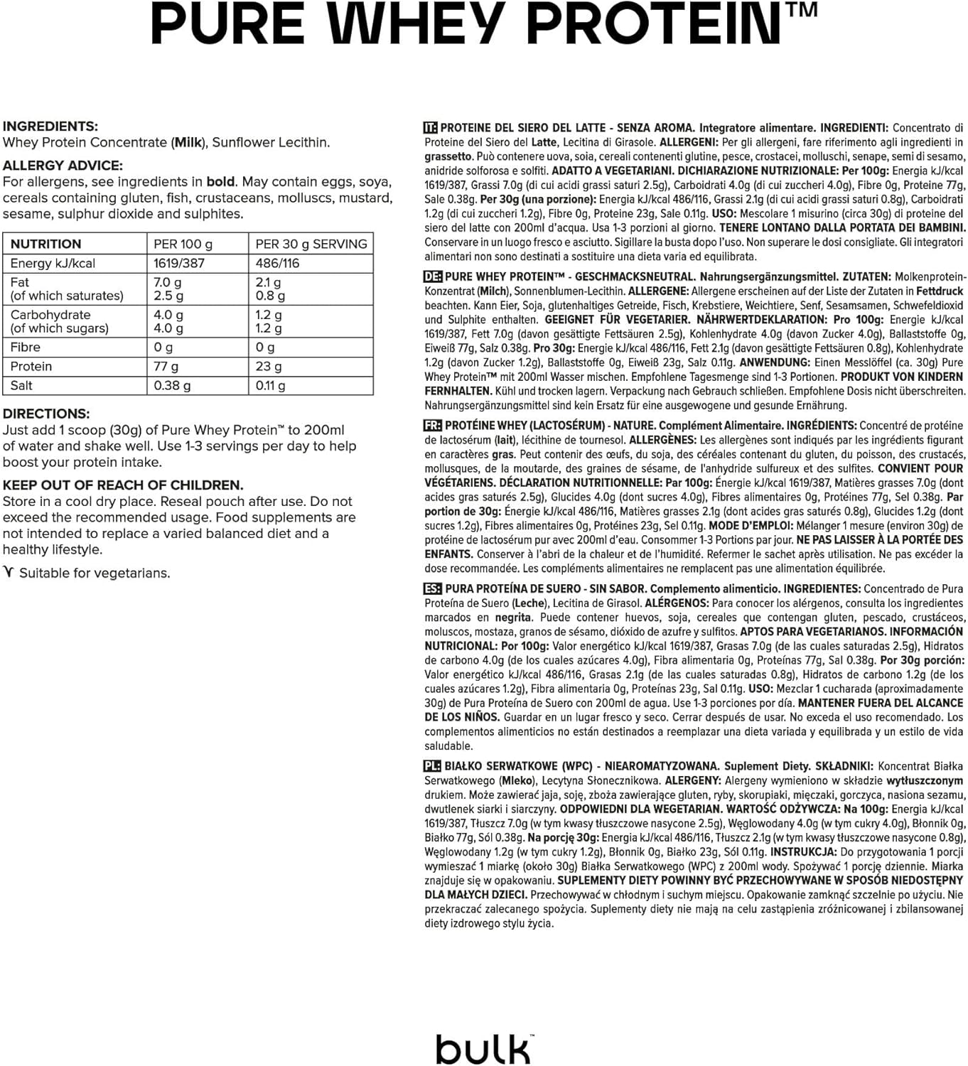 Bulk Pure Whey Protein, 500 g, 16 doses, produto rico em proteínas, baixo teor de açúcar, absorção rápida, sem adição de sabores, 5 g de BCAA por cacito, as embalagens e embalagens podem variar