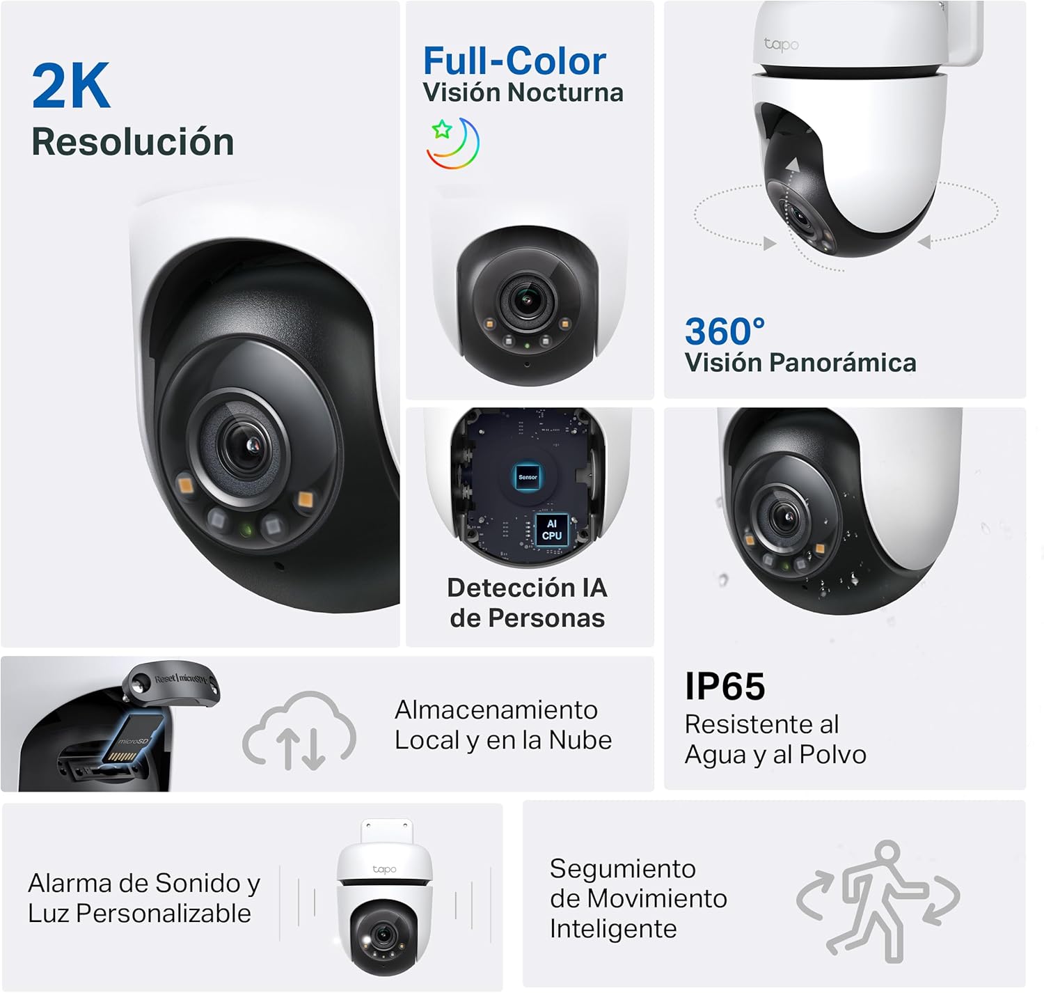 Tapo C510W - Cámara de vigilancia Wi-FI para Exteriores de 360º, visión Nocturna a Todo Color de 2k (3MP), detección de Personas con IA, Seguimiento de Movimiento Inteligente, IP65