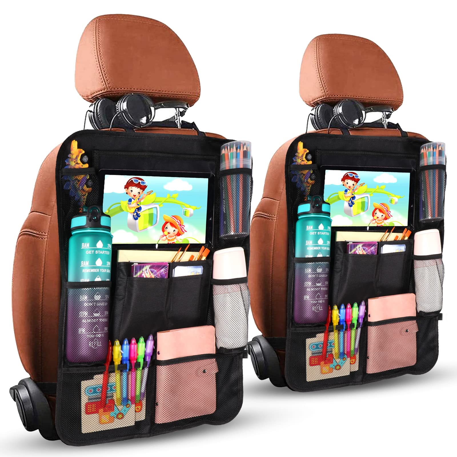 Diboniur Organizador de assento de carro, protetores de assento para carro com 10 bolsos, organizador de assento traseiro para crianças para tablet iPad de 9,7" e 10,5" para brinquedos livros