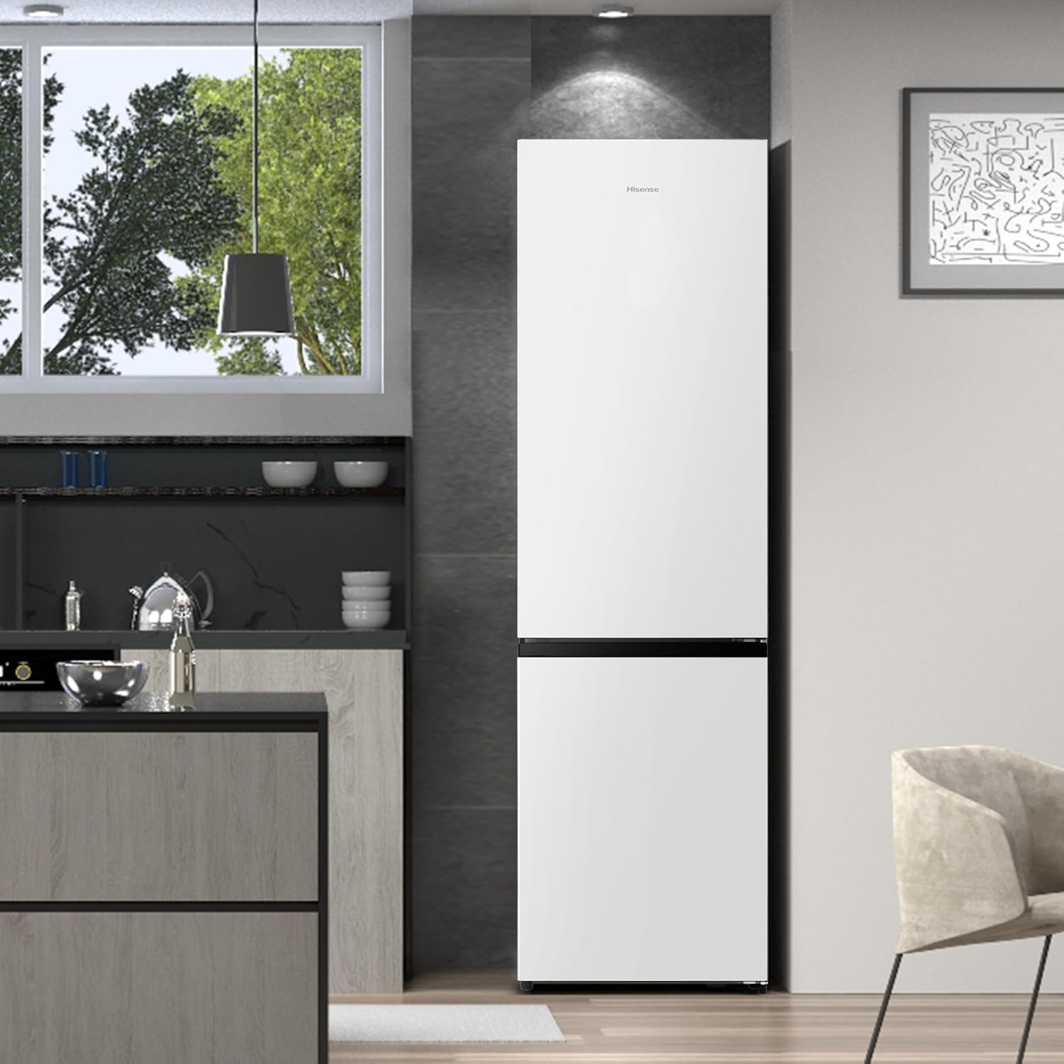 Hisense RB440N4BWE Frigorífico Combinado, classe E eficiente, capacidade de 336 l com 200 cm de altura, super freeze, garrafeiro, porta reversível, silencioso 39dB, cor branca