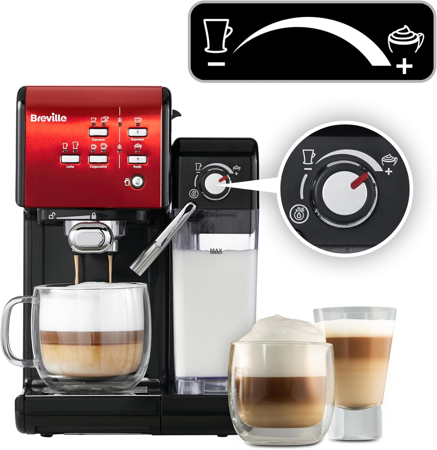 Breville Prima Latte II Espresso | Cafeteira para latte e cappuccino | Bomba profissional de 15 bares e espumador | Vermelho [VCF109X]