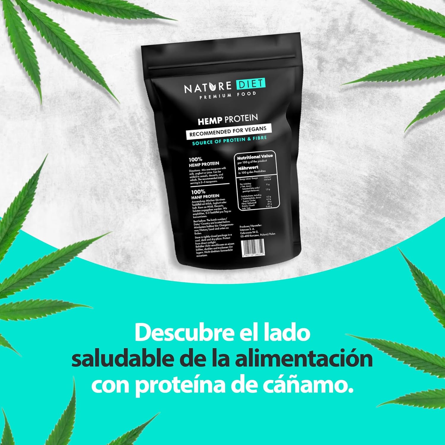 Nature Diet Proteína de cânhamo 1000 g, vegano, pó de proteína, à base de plantas