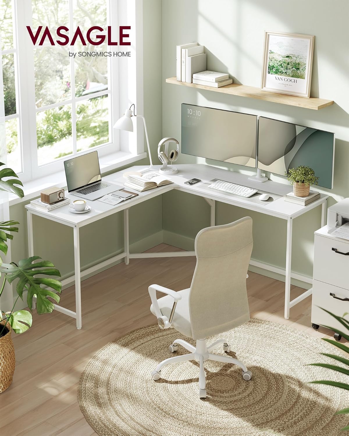VASAGLE Escritório de canto, mesa em forma de L, 149 x 149 x 76 cm, economiza espaço, escritório em casa, jogos, branco Bordo LWD073W01