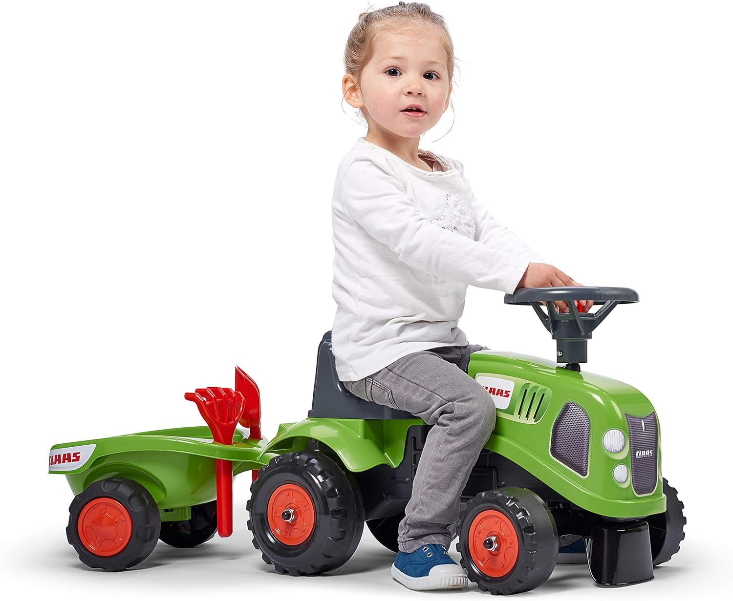 FALK - Porta Tractor Claas con Remolque - A Partir de 12 Meses - Fabricado en Francia - Pala y Rastrillo Incluidos - 2 Estilos de Personalización - Matrícula Personalizable - 212C