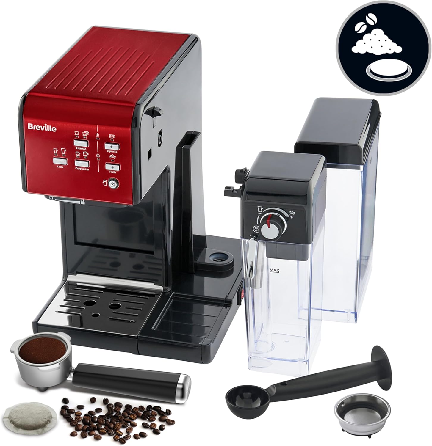 Breville Prima Latte II Espresso | Cafeteira para latte e cappuccino | Bomba profissional de 15 bares e espumador | Vermelho [VCF109X]